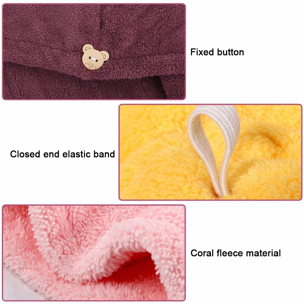 Toalla Pelo con Botones Turbante Superabsorbente Mujeres Secar Cabello Felpa Coral