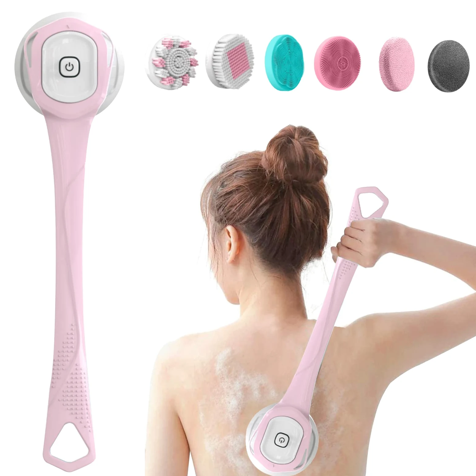 Cepillo Eléctrico para el Cuerpo,kit de Cepillo de Limpieza Corporal con 6 Cabezales de Cepillo,Cepillo de Ducha Recargable con Mango Largo,Baño Cepillo para Masaje Exfoliante Depurador (Rosa)