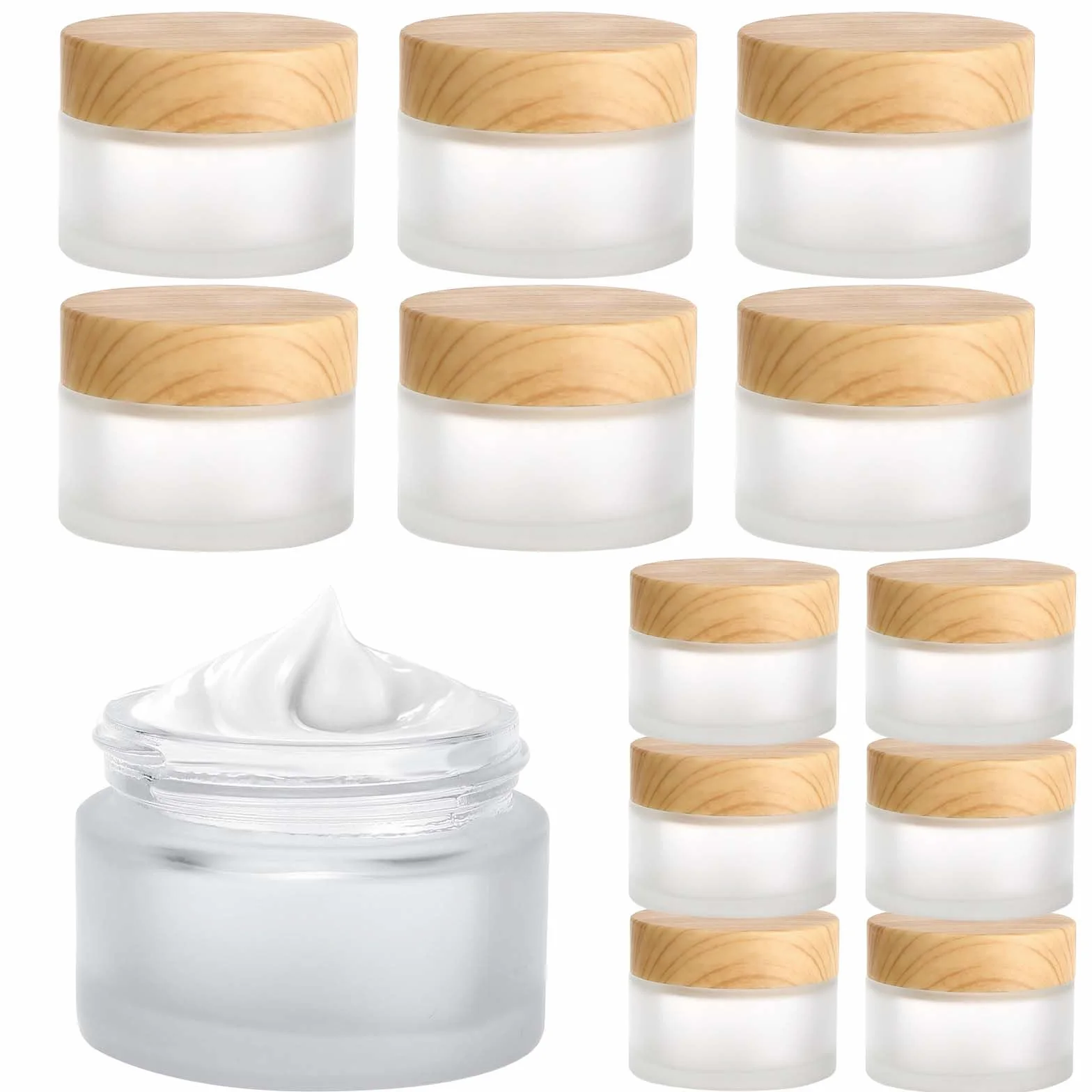 Frasco de vidrio esmerilado 12 piezas 20 ml 30 ml con tapa de veta de madera para cremas lociones maquillaje