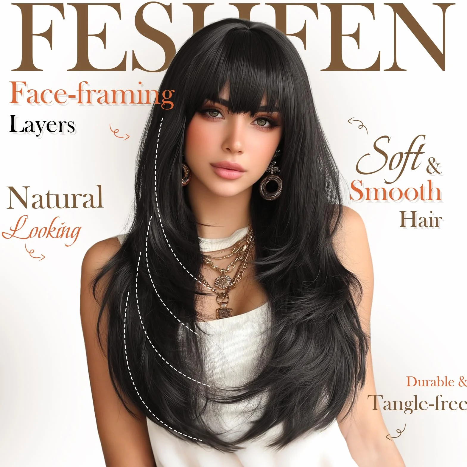 FESHFEN Peluca Liso con Flequillo Natural Larga Sintética 60 cm Negra