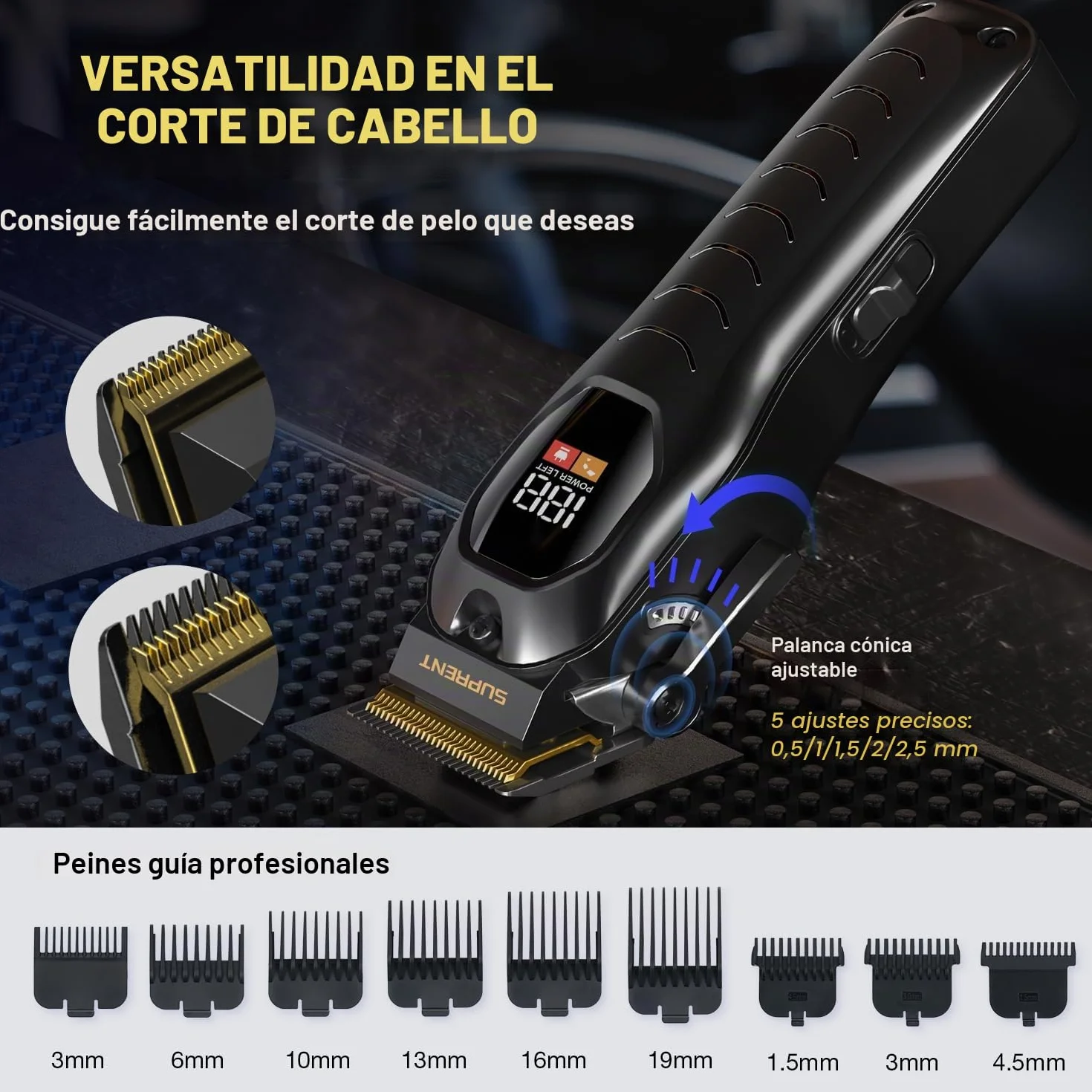SUPRENT Maquina De Cortar Pelo Hombre Profesional, 9 Peines Guía, Cortapelos Hombre LED, Kit Corte Pelo Motor Alto Rendimiento Negro