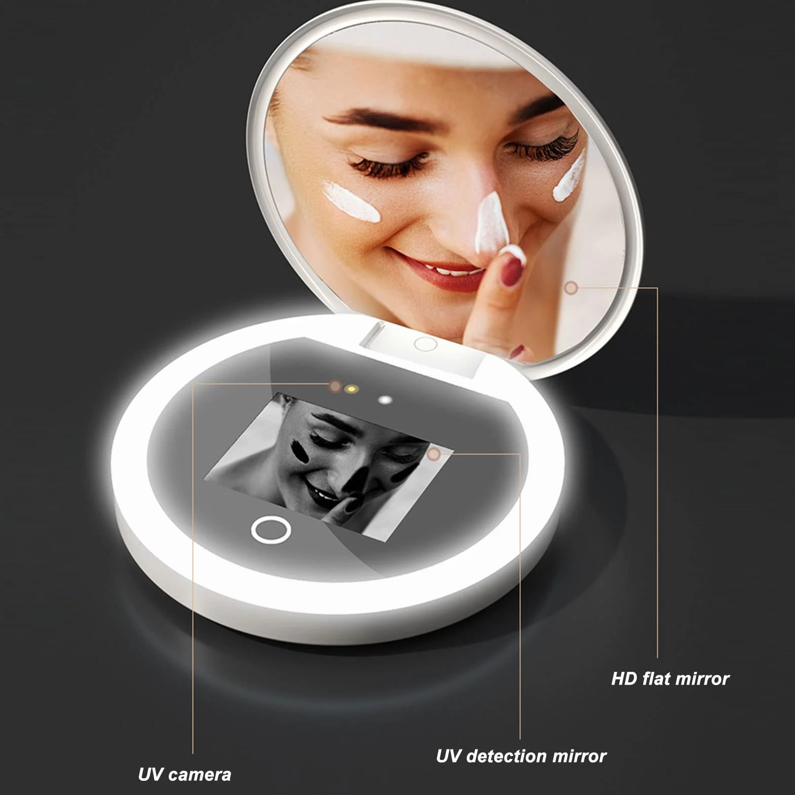 Espejo de Maquillaje LED Viaje con Cámara UV, Aumento 2X, Controles Táctiles y Brillo Ajustable