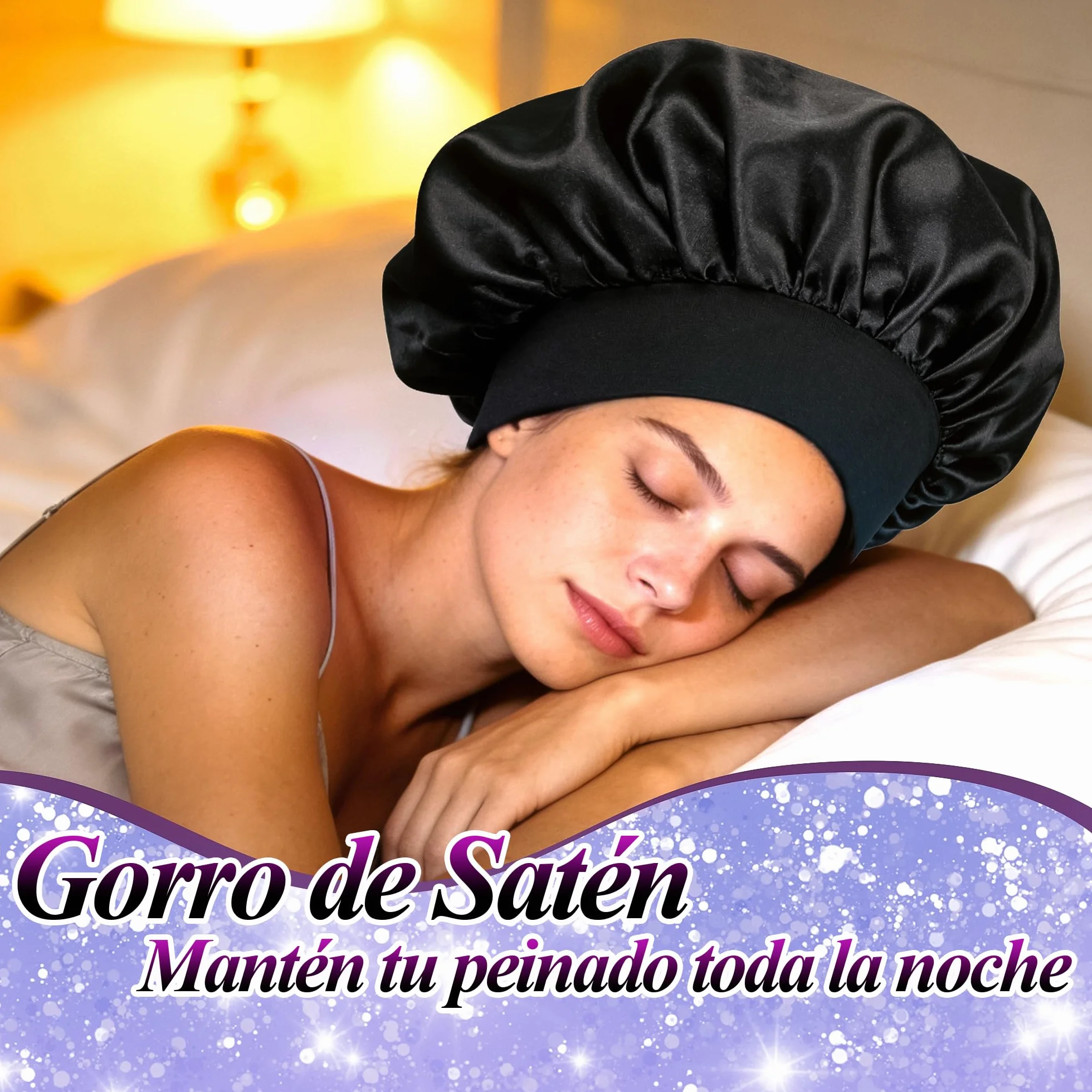 Gorro de Seda para Dormir 2 Piezas Gorros de Satén para el Cabello Antifrizz Negro Plateado
