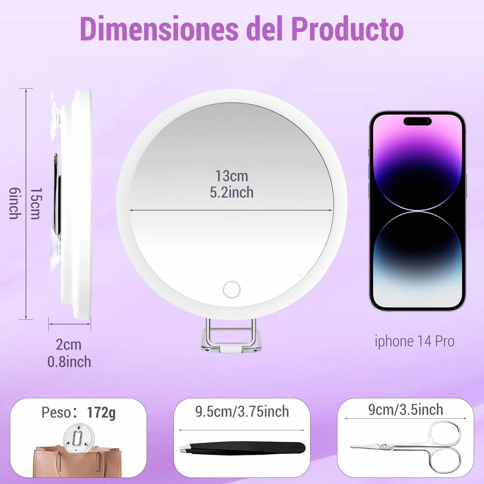 Espejo de Aumento con Luz 40X, 15 cm, Ajustable Tricolor, Soporte Giratorio 360°, LED Portátil con Ventosas