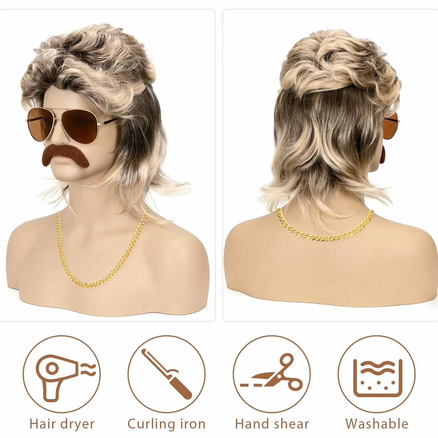 Meleager Peluca Mullet Hombre, Disfraz Ochentero, Juego 5 Accesorios Carnaval
