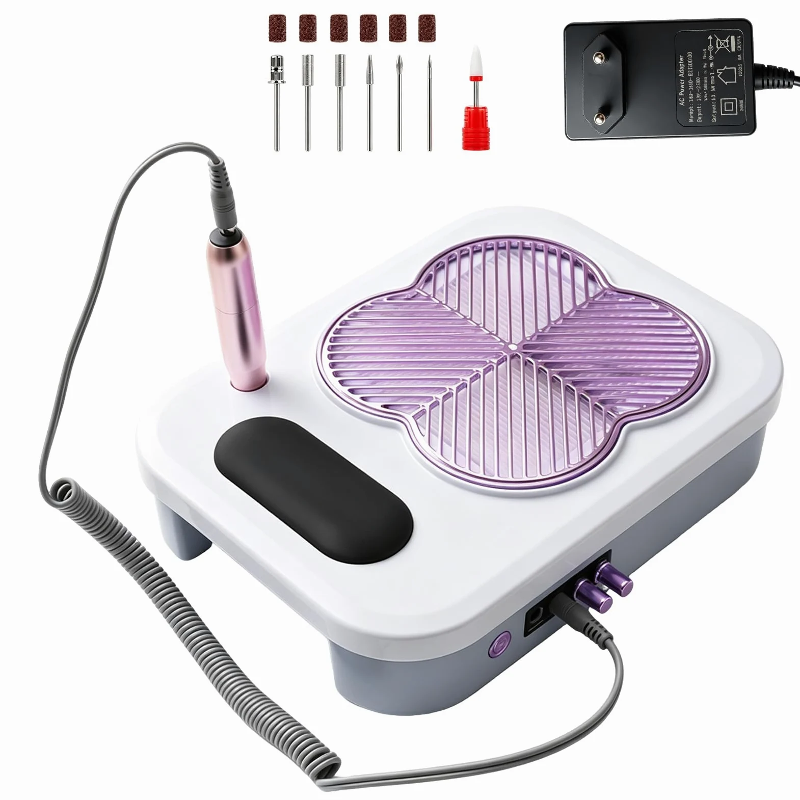 Dispositivo de uñas 4 en 1, con torno profesional (18.000 rpm), 6 cabezales de lijado y cabezal removedor, lámpara UV/LED potente, aspirador integrado (3.400 rpm), ideal para uso en salón y en casa