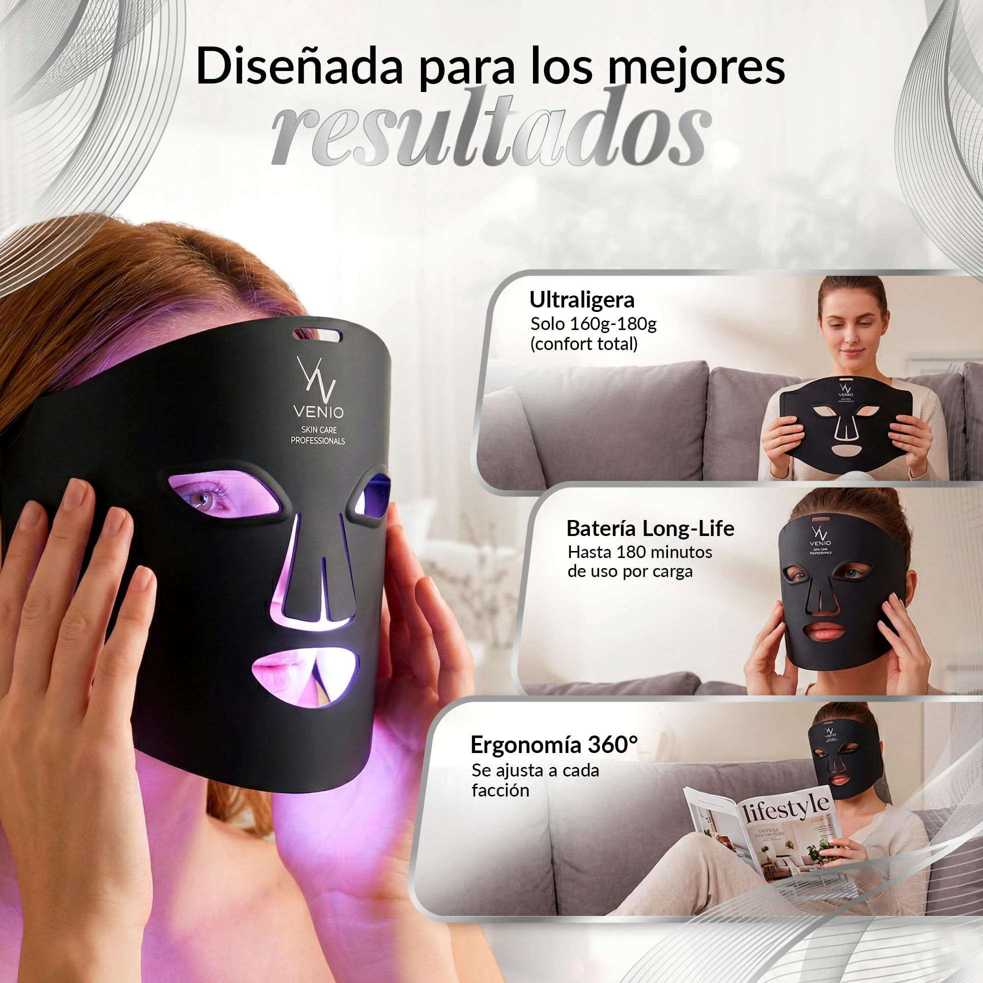 Máscara LED Facial Profesional – Dispositivo de Luz Roja e Infrarroja para Rutina de Cuidado Estético – 4 Colores LED para Uso Cosmético y Bienestar – Mascarilla de cuidado Facial en Casa