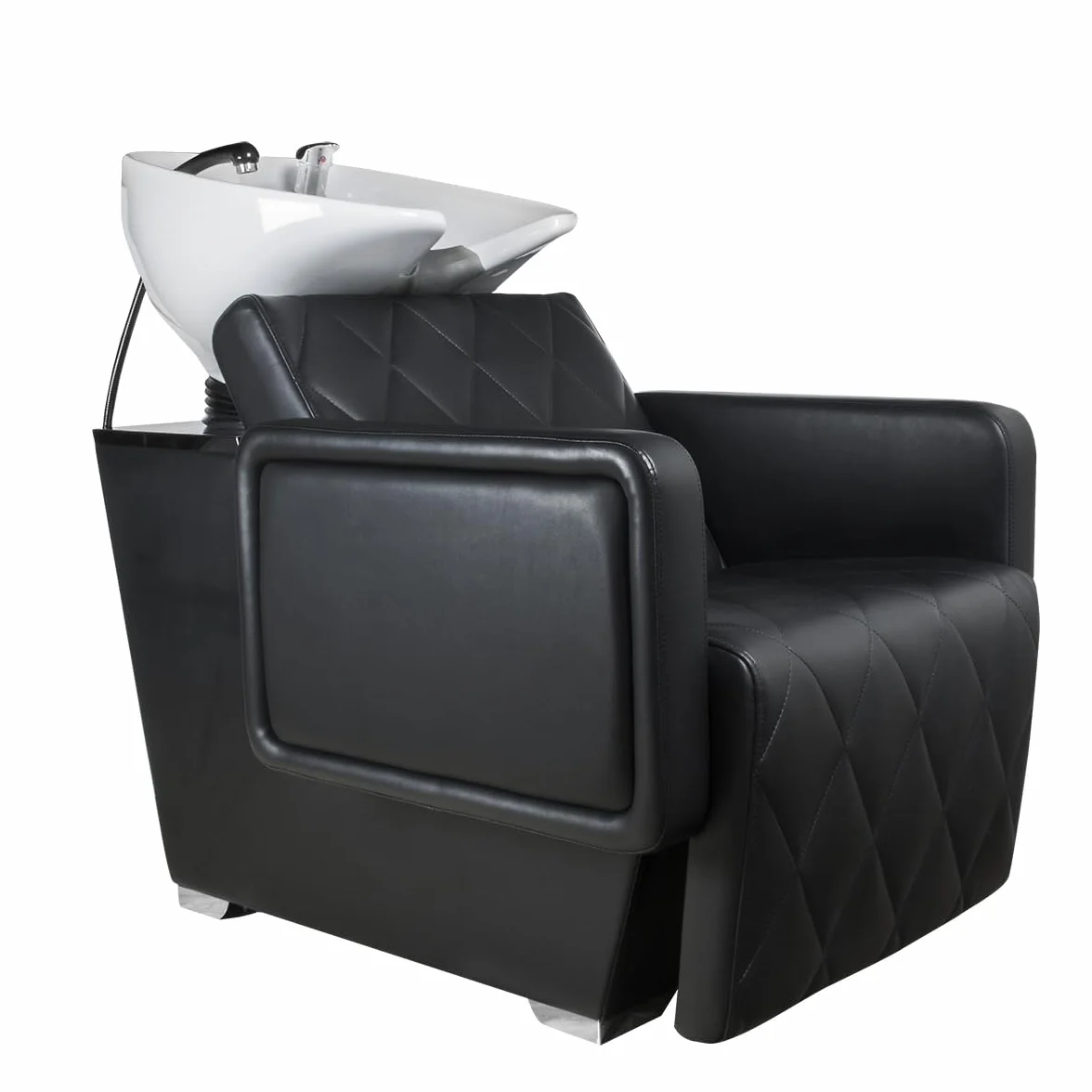 Lavacabezas de Peluquería Profesional Cubo Negro Asiento Ergonómico Acolchado Cuba Basculante Cerámica Estructura Robusta