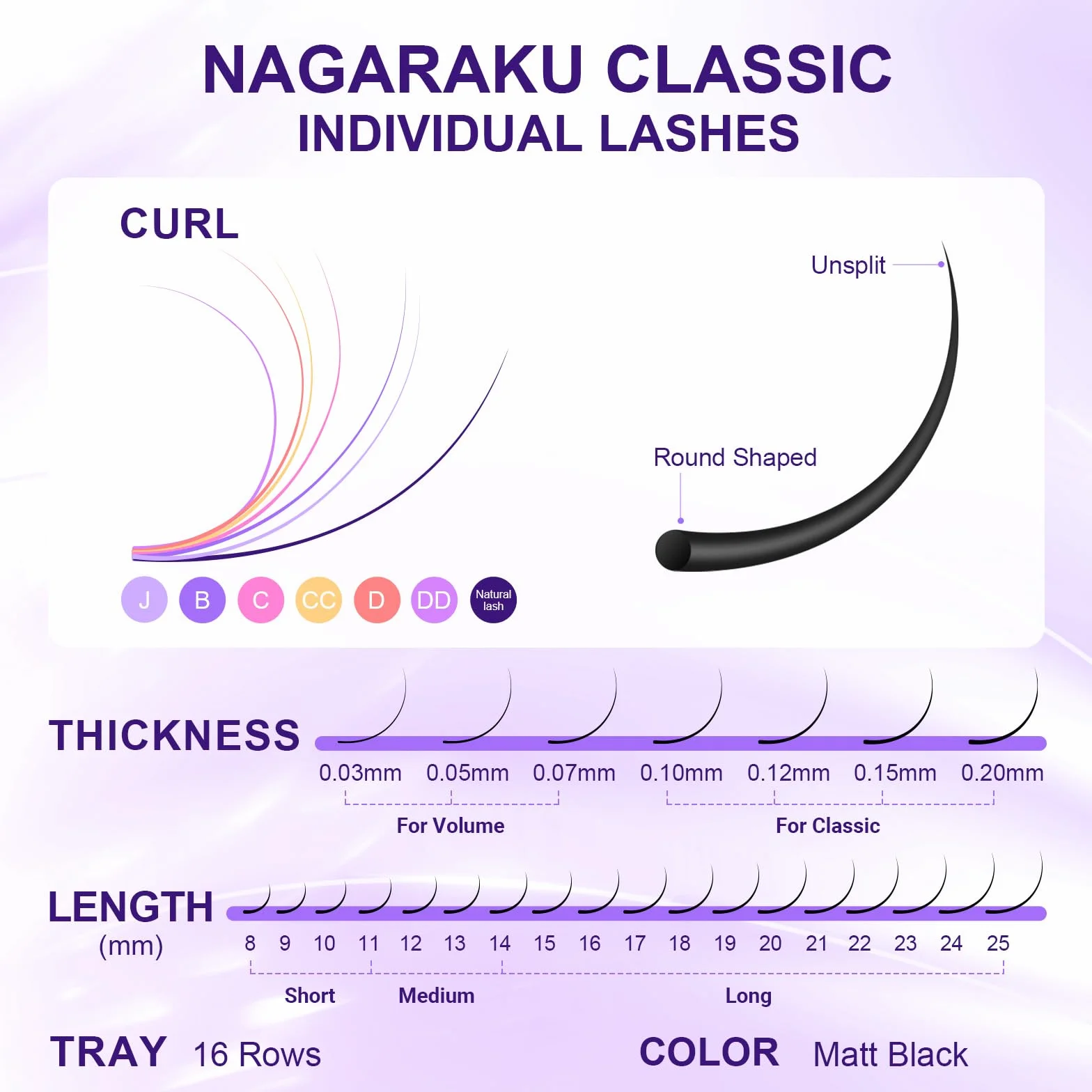 NAGARAKU Pestañas Individuales Clásicas 1:1 Volumen Ruso Pelo a Pelo 16 Filas Negro Mate 0.15mm D 7-15mm