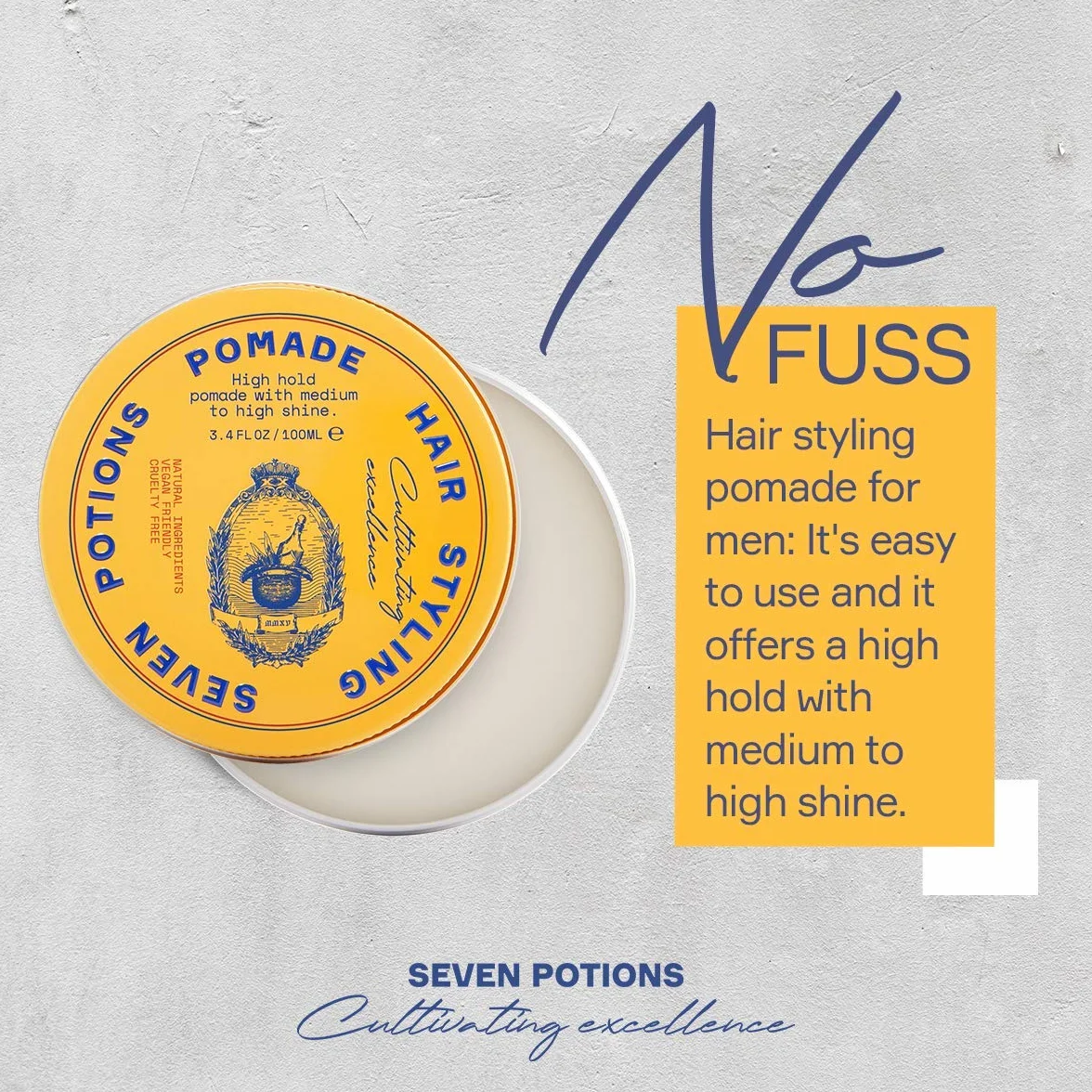 Seven Potions Pomada de Estilización Natural para Hombres, Alto Brillo, Alta Sujeción, 100ml