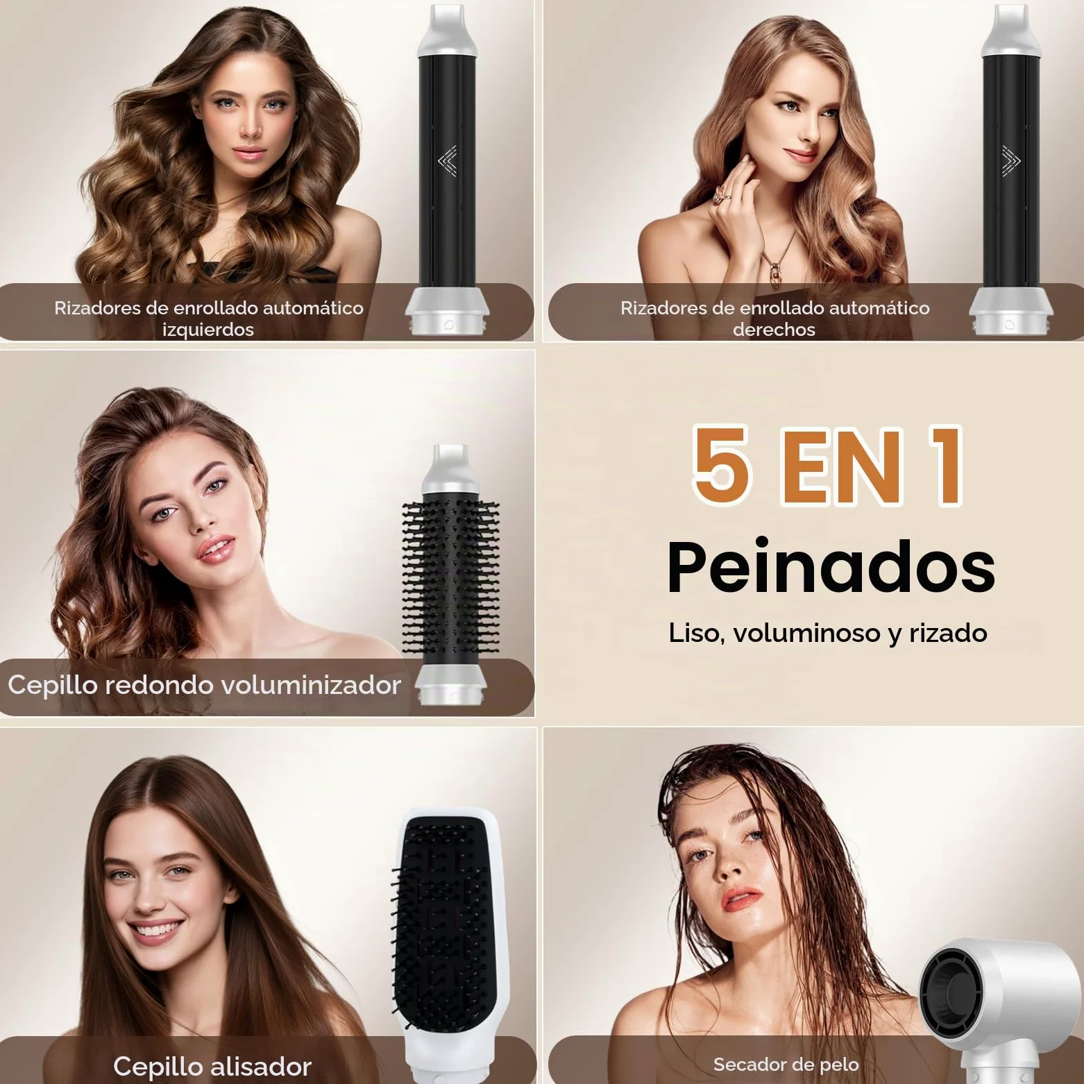 Cepillo Secador de Pelo 5 en 1, Air Styler Multifunción con Iones Negativos Secador, Rizador y Cepillo Alisador, 3 Temperaturas, 1000W Cepillo de Aire Caliente para Volumen, Alisa, Seco