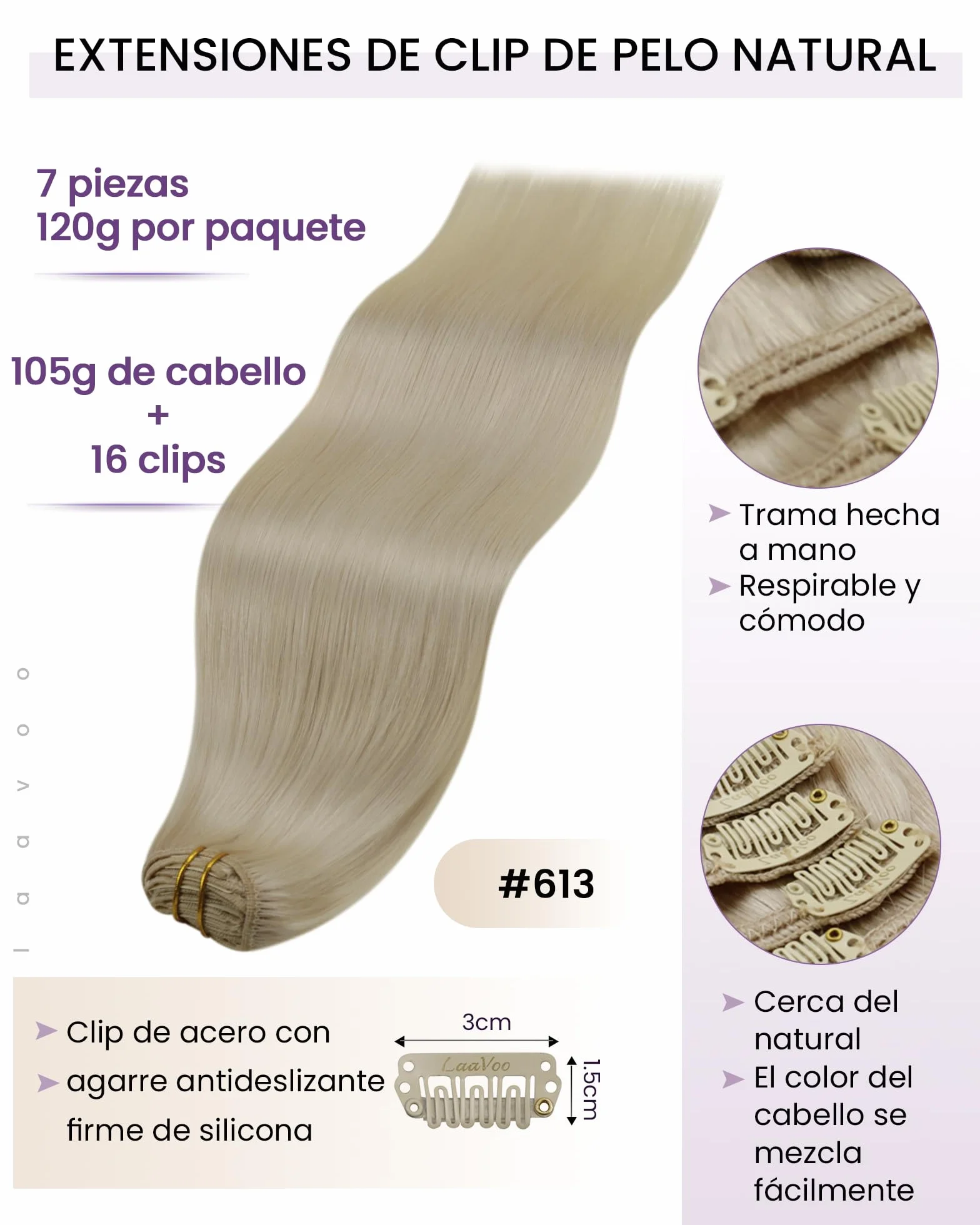LaaVoo Double Weft Clip-In Hair Extensions Rubio Platino 35cm 105g #613
