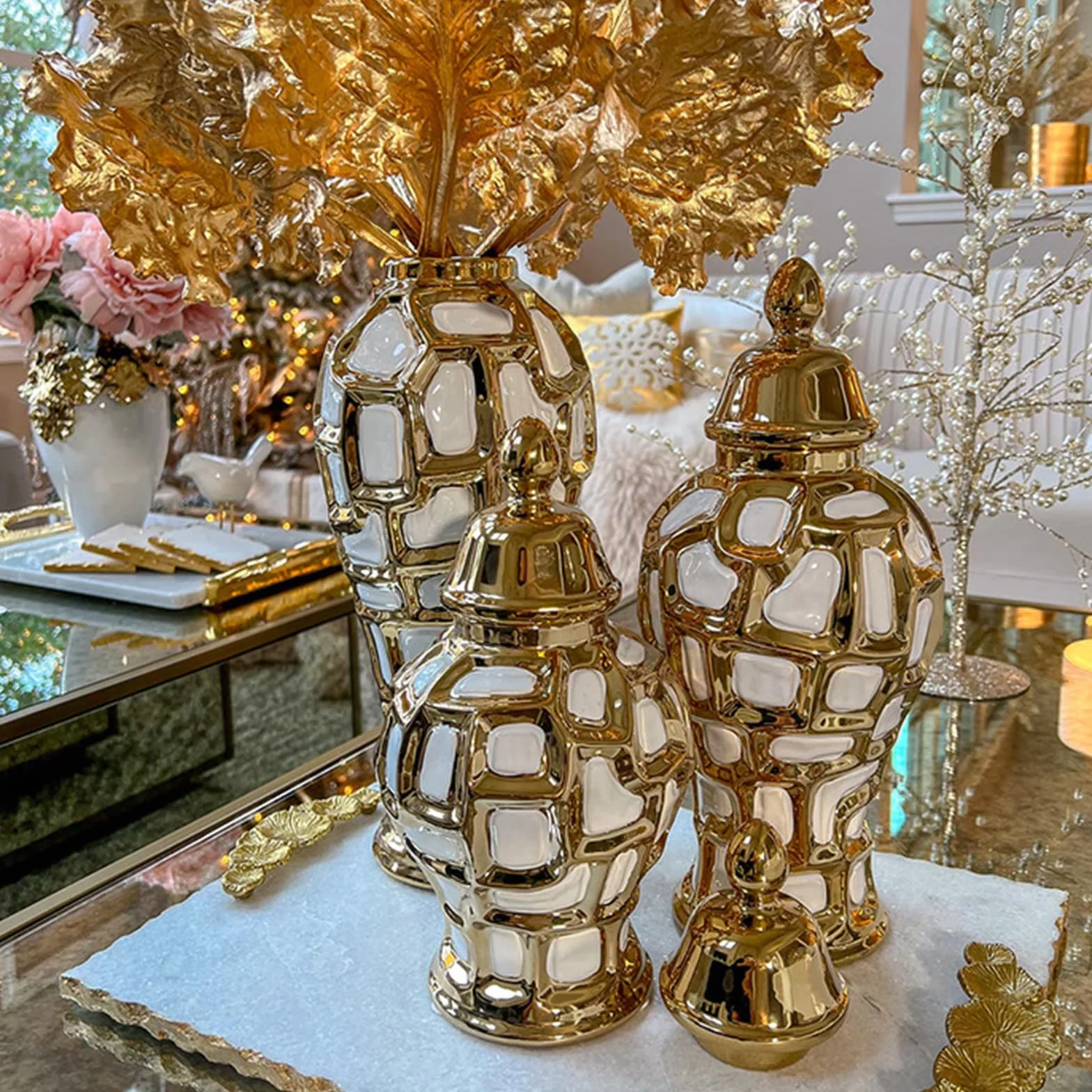 Florero de cerámica con abovedada, Recipiente para cosméticos con galvanoplastia para Decoraciones del hogar y la Boda, Elegante Recipiente para tarros de