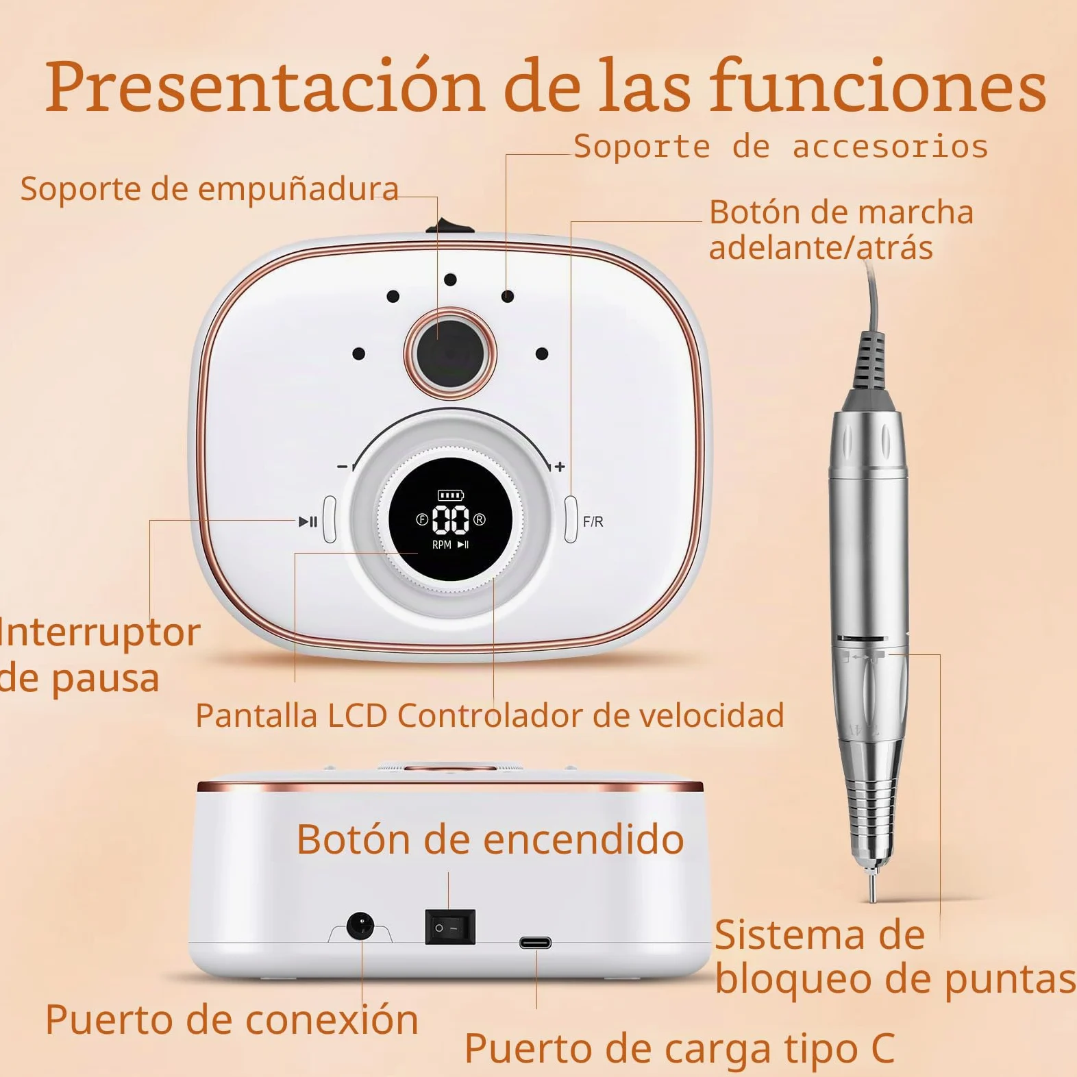 Torno para Uñas Profesional 35000 RPM: Torno para Uñas Eléctrica 13 en 1 Con BateríA de 4000 Mah – Limas de Uñas Profesionales para Manicura y Pedicura