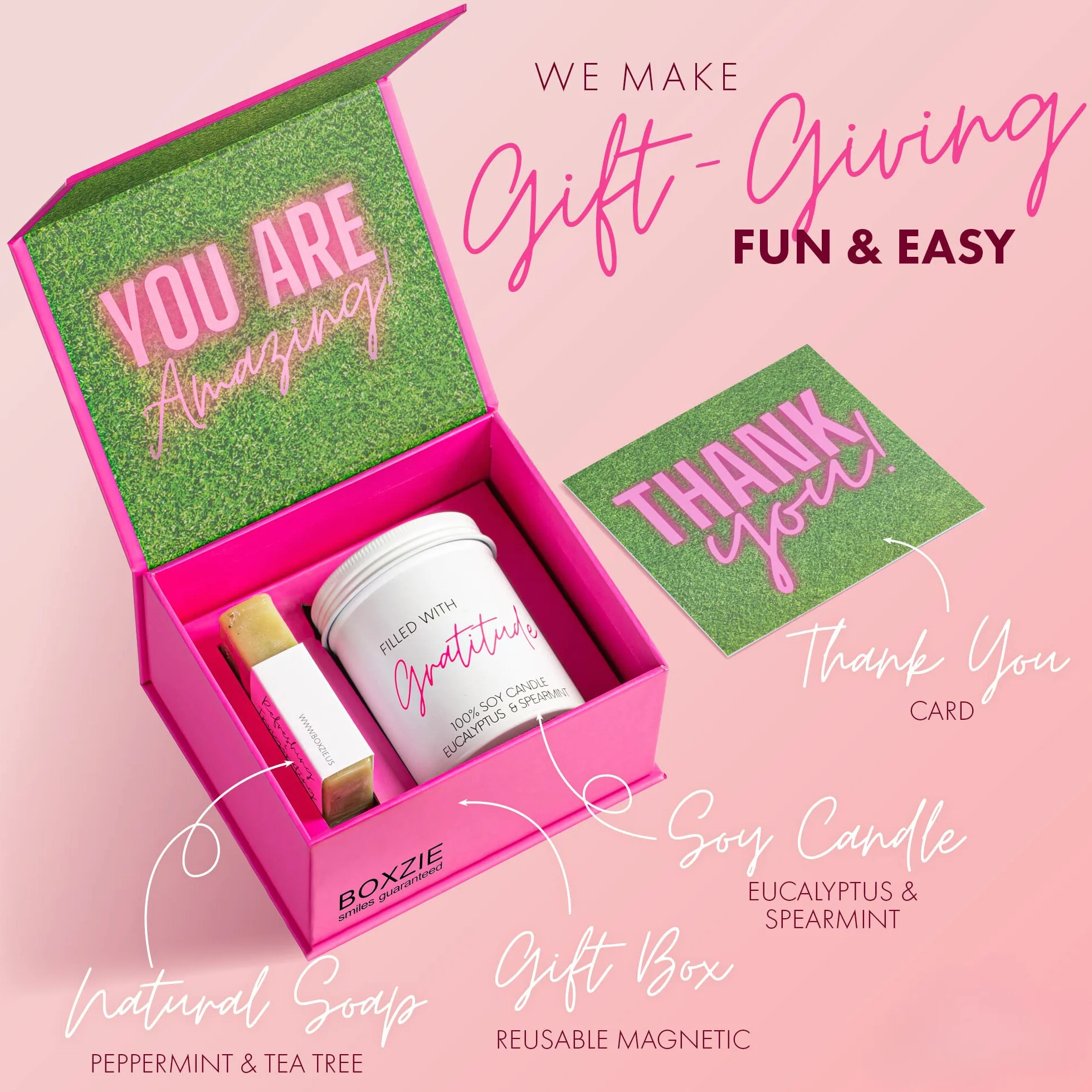 Boxzie Regalos de agradecimiento para mujeres, juego de caja de regalo de agradecimiento, bonitas ideas de cesta de gratitud, regalos de velas pensados para empleadas, jefes, compañeros de trabajo,