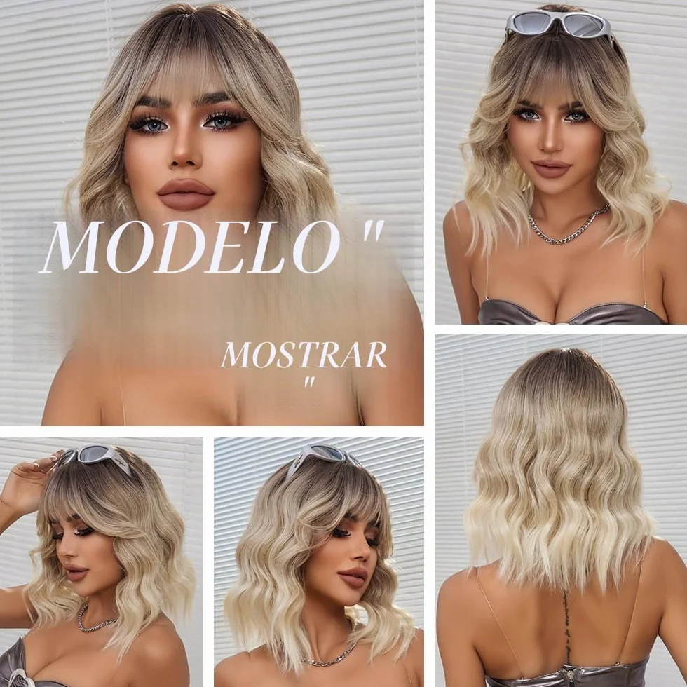 Pelucas Rubias Ombre para Mujer Peluca Corta Ondulada con Flequillo de Pelo Sintético Resistente al Calor