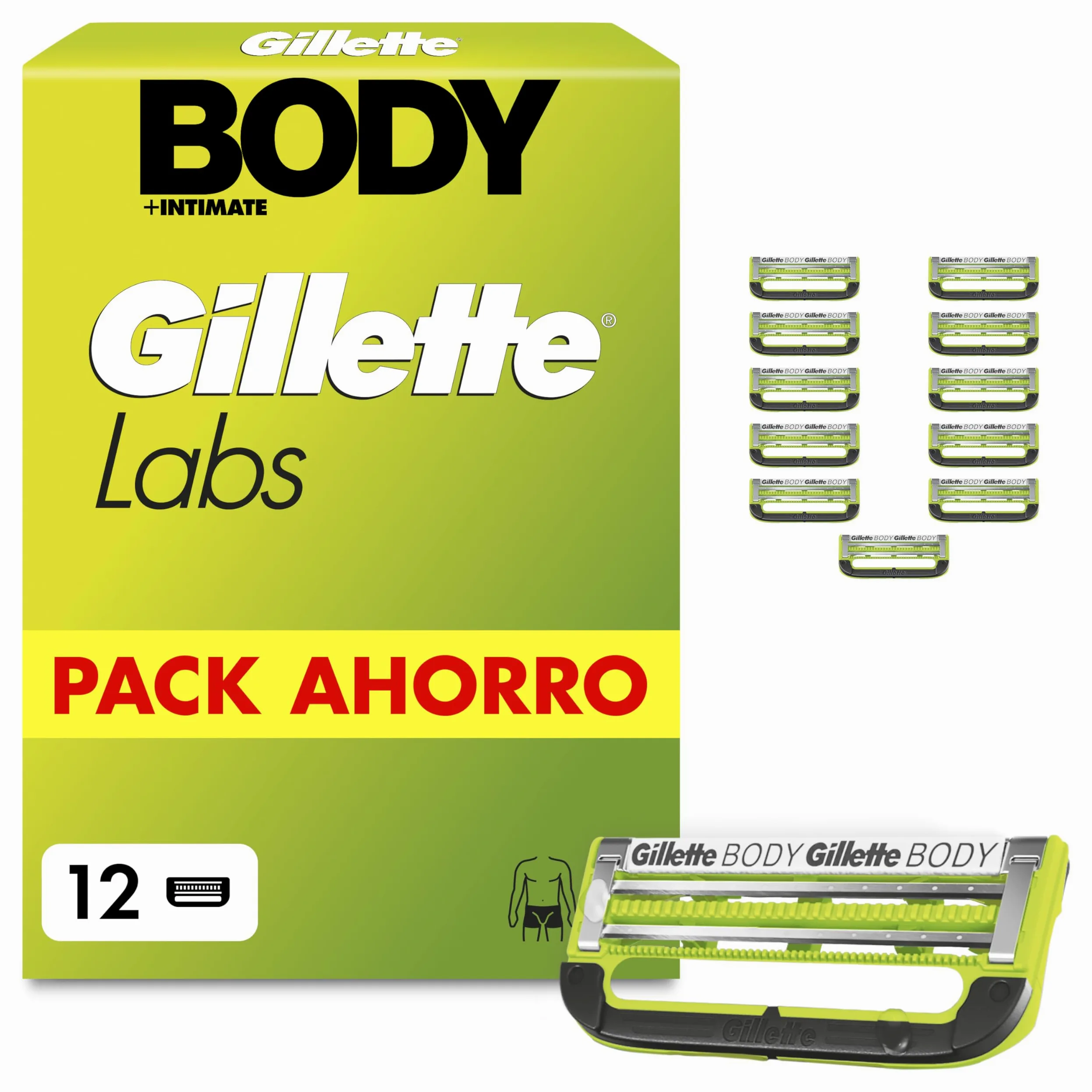 GilletteLabs Body + Intimate Cuchillas de Afeitar Cuerpo Hombre, Pack de 12 | Recambios de 2 Hojas, Banda Lubricante, Barra Anti-Vellos Enquistados Y Anti-Irritación, Depilación de La Zona Íntima Hombre