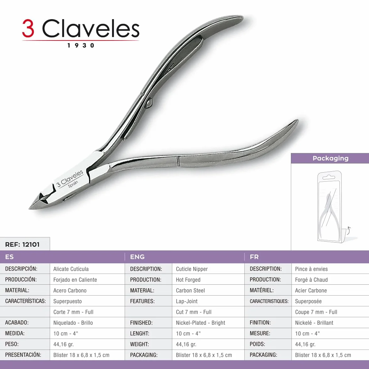 Alicate Cutícula 10 cm Boca Corte 7 mm 3 Claveles
