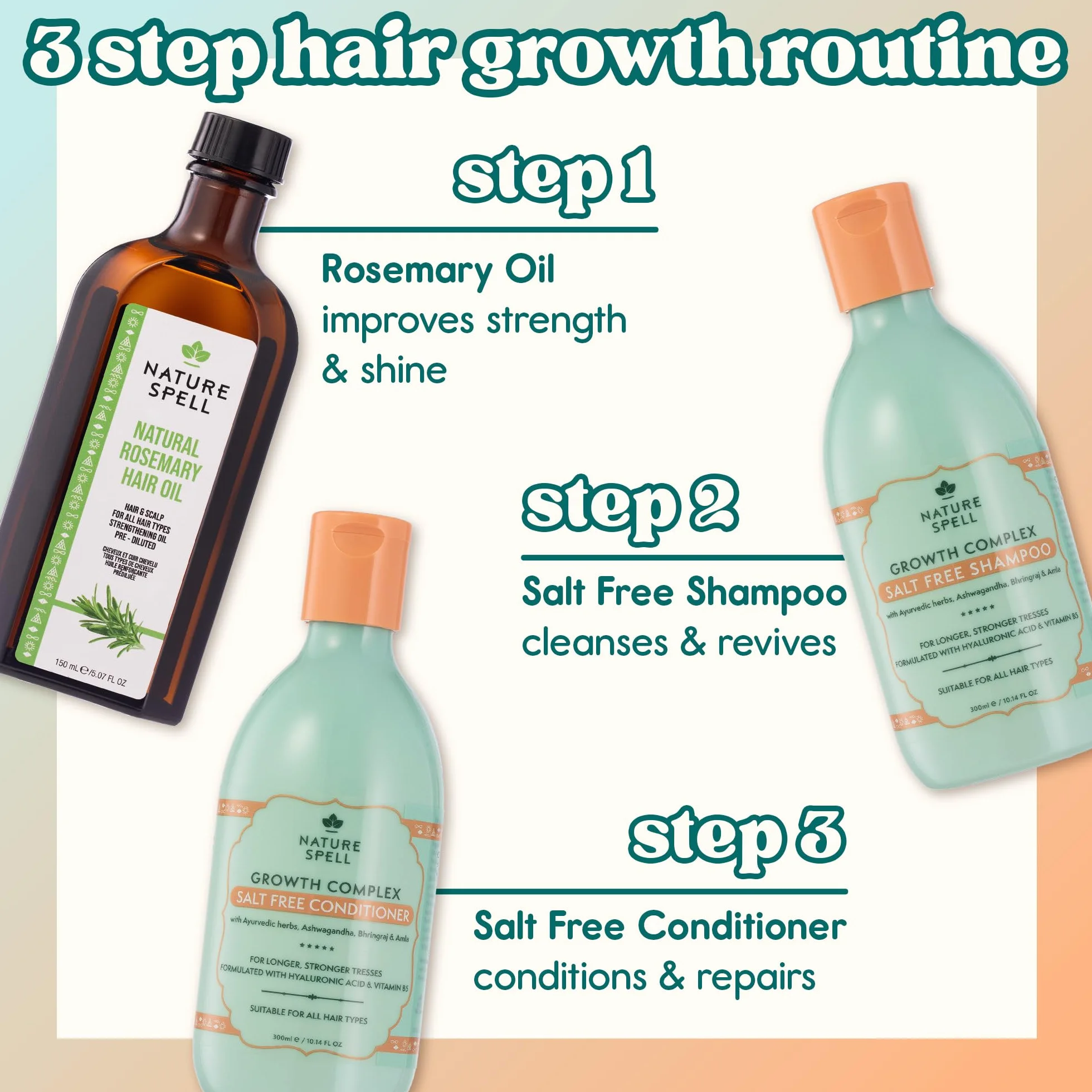 Nature Spell Hair Growth Trio, aceite de romero prediluido para cabello y cuero cabelludo, champú y acondicionador sin sulfatos