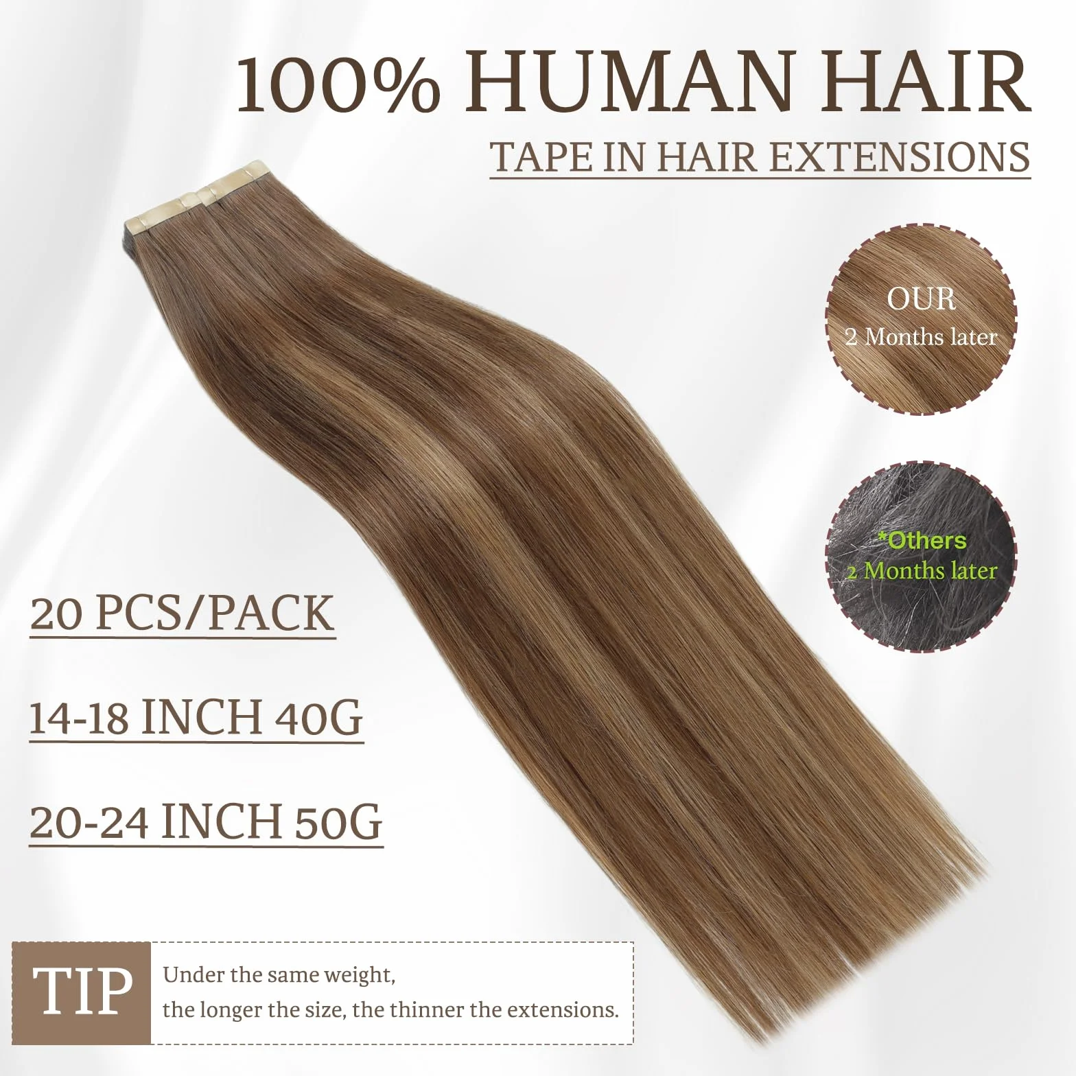 ShowJarlly Extensiones de Pelo Natural 45cm Marrón Chocolate 40g 18inch 4/4/27#