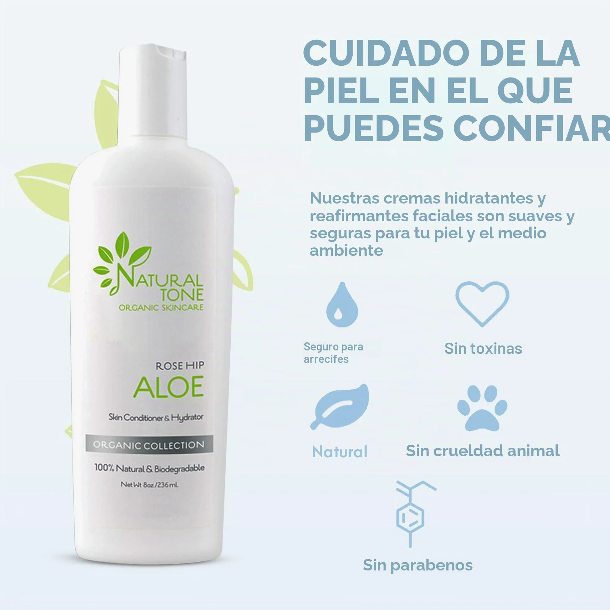 Natural Tone Organic Skincare Rosehip Aloe Loción Acondicionador e hidratante para la piel 8 oz