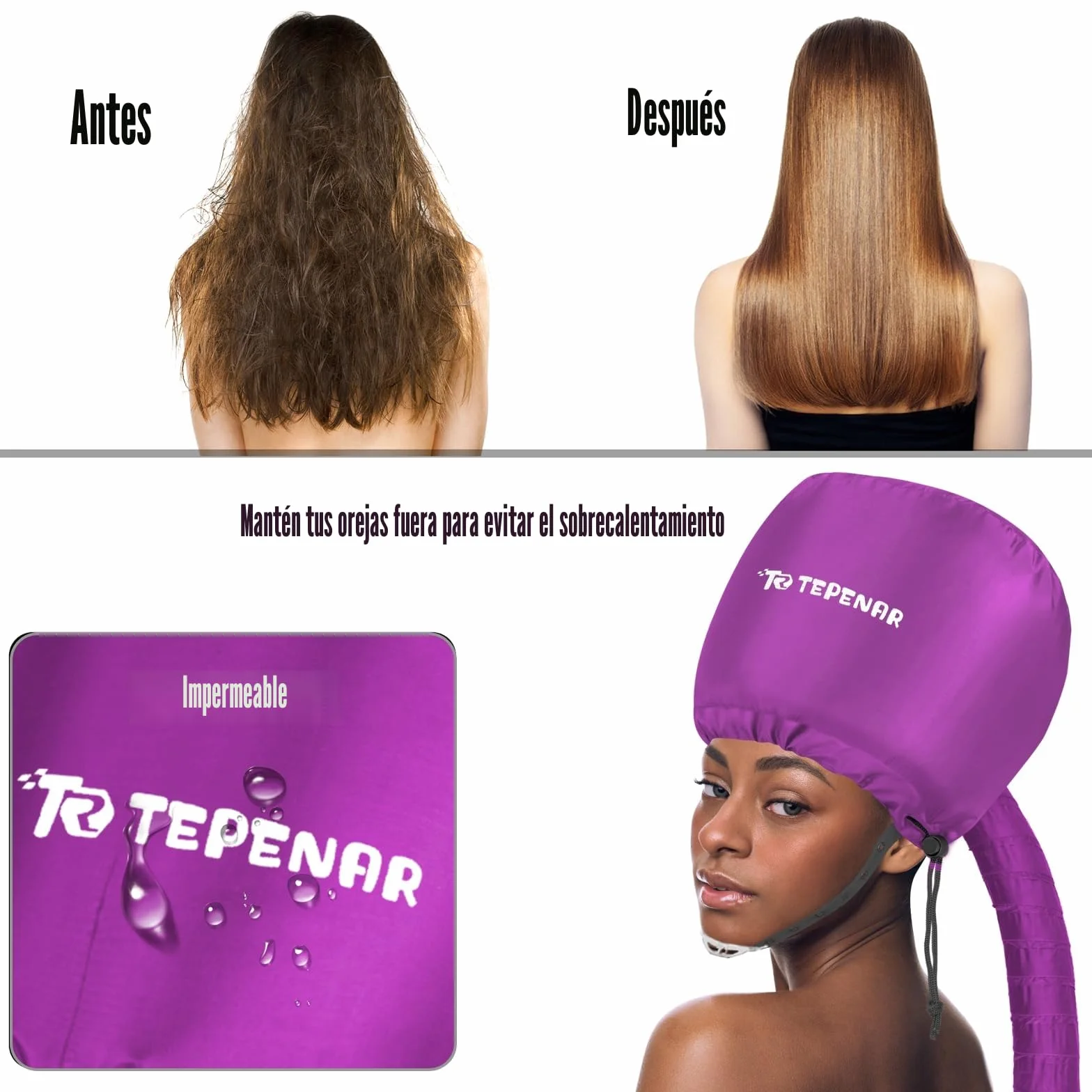 TEPENAR Gorro Secador de Mano Ajustable Suave Secado Rápido para Cabello Rizado Natural Morado