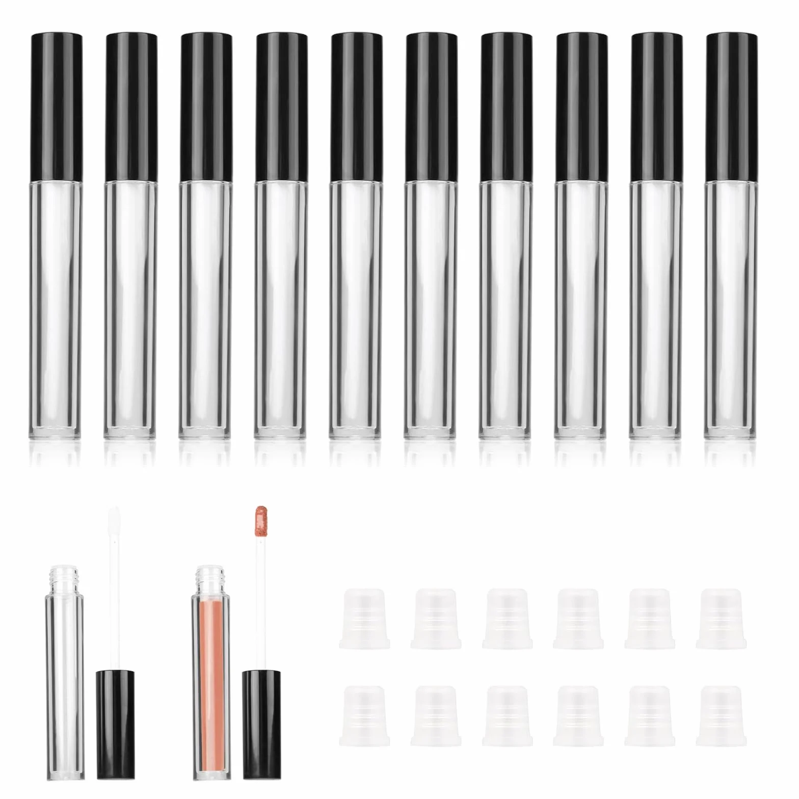 CHENYU 12 Piezas Tubos de Brillo de Labios Vacíos Recargables 10 ml Negro Claro con Tapa a Prueba de Fugas