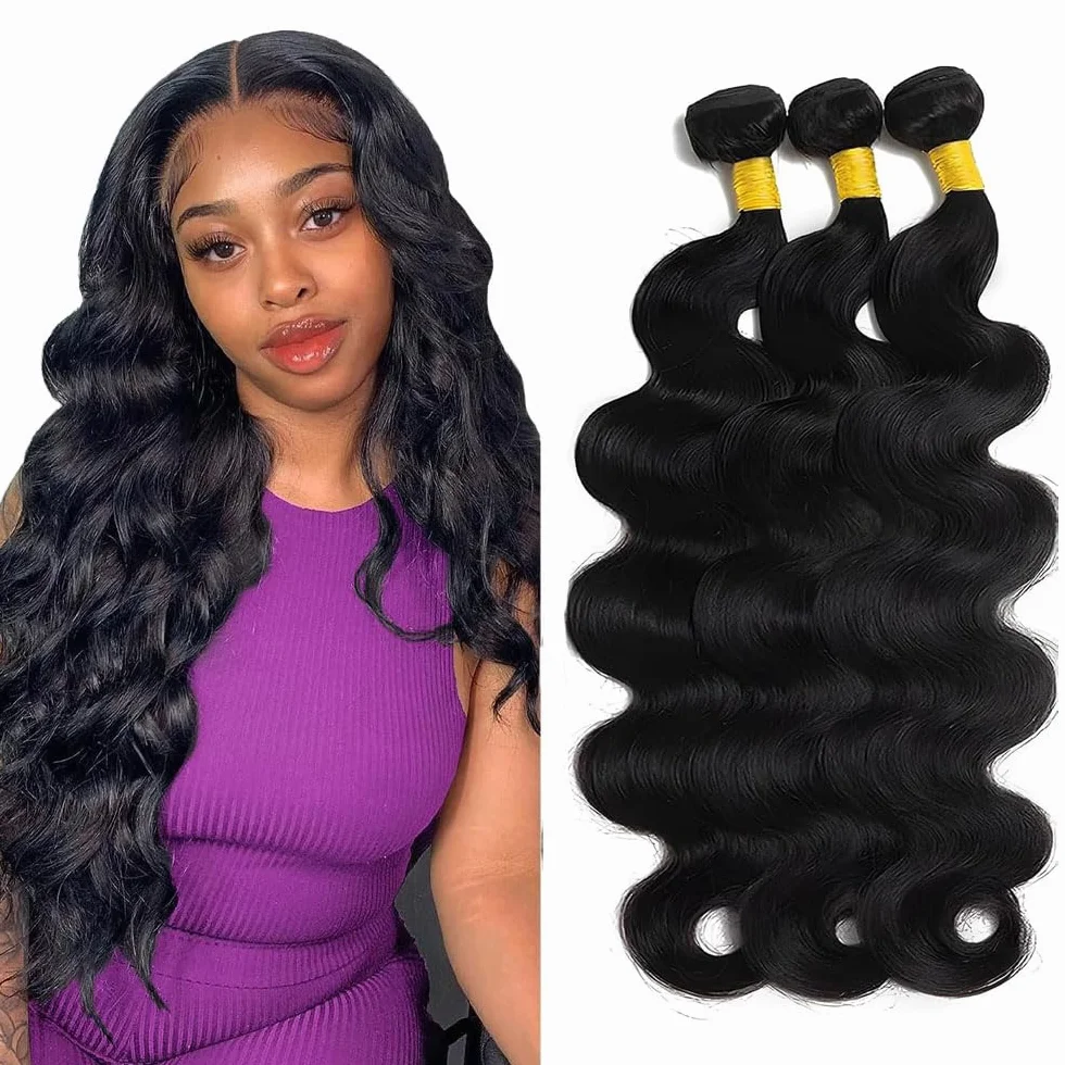 Extensiones de cabello humano con ondas de cuerpo humano, 3 paquetes de 50 g/unidad, doble trama #1B, color negro natural, para mujeres de 45,6 cm, 50,58 cm