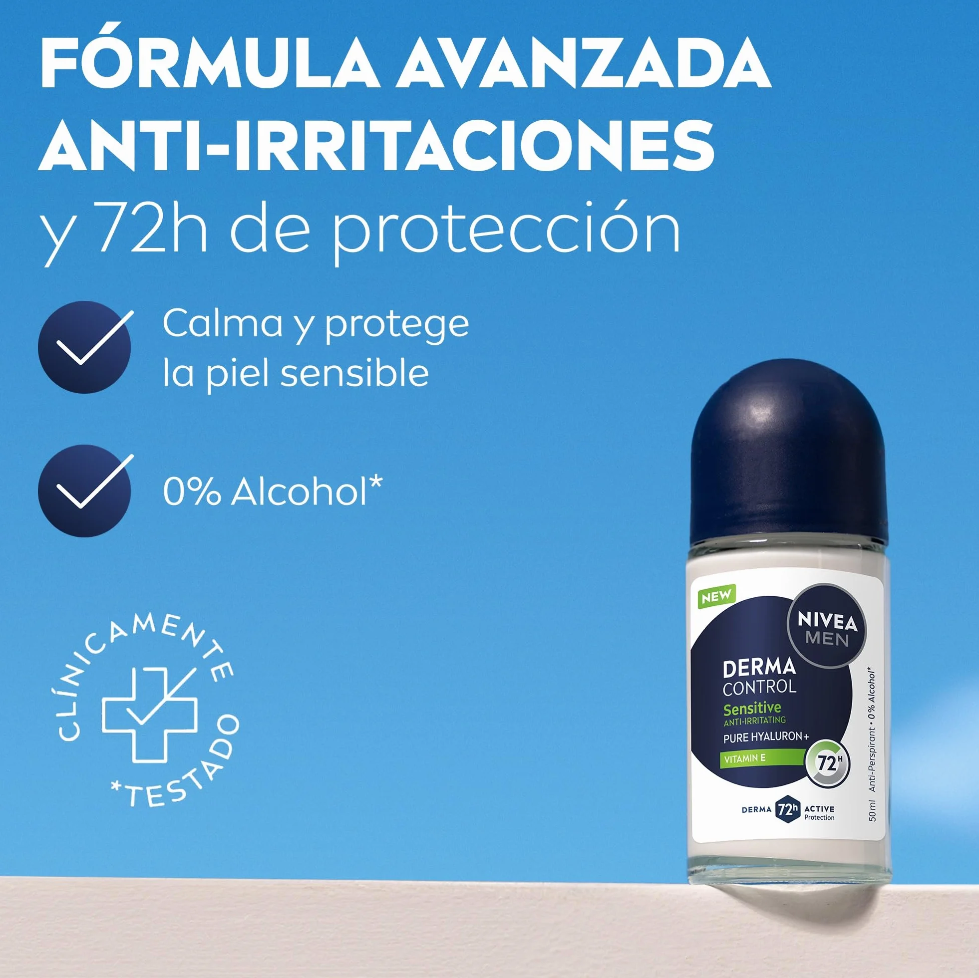 NIVEA Derma Control Sensitive Desodorante Antitranspirante Roll-on 50 ml para Hombre 72h Protección Sudor Ácido Hialurónico Vitamina E
