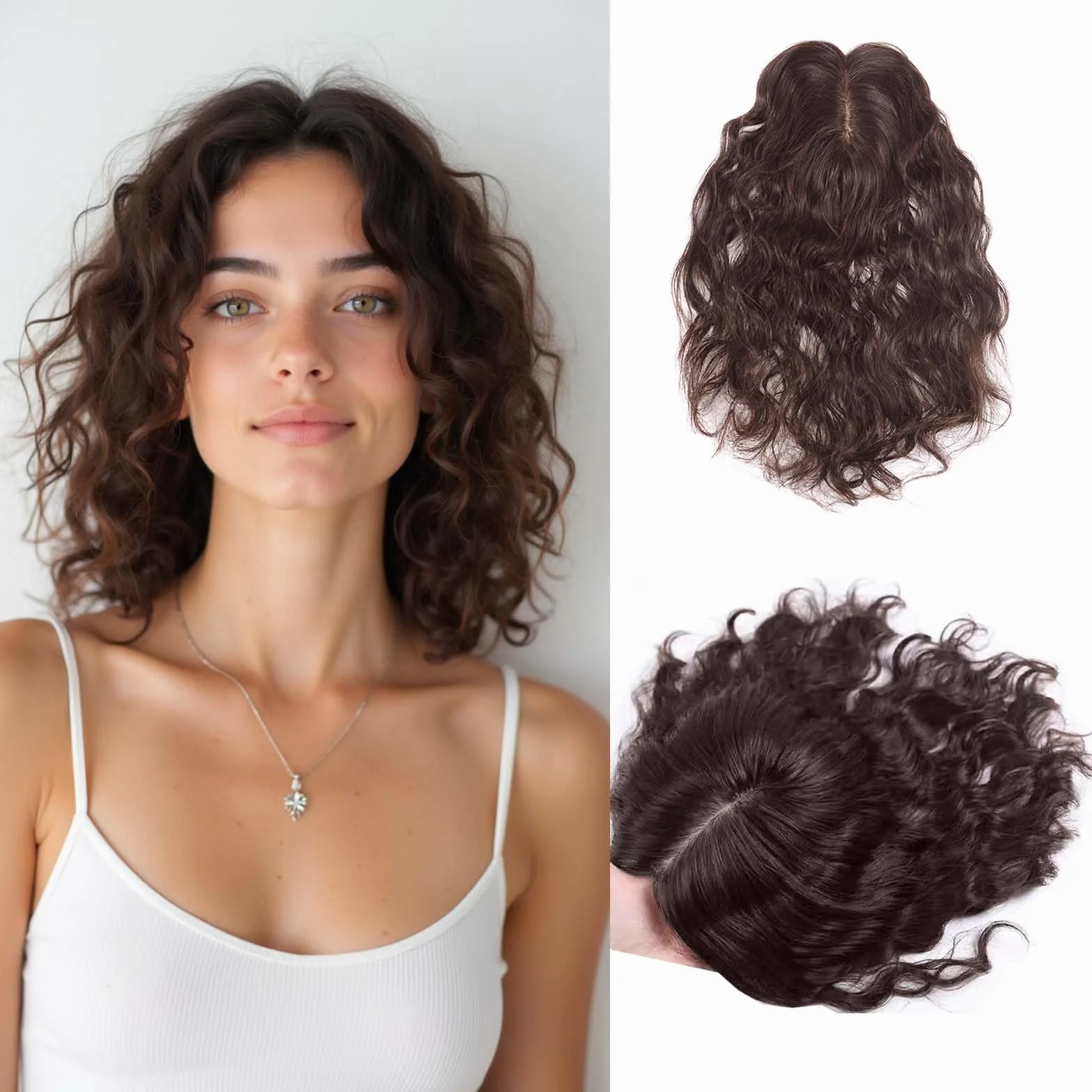 Extensiones de pelo humano rizado corto para mujeres con adelgazamiento de 30 cm, parte central de 30 cm, extensiones de pelo ondulado con clip, cobertura pequeña de 7 x 10 cm, base de seda, color