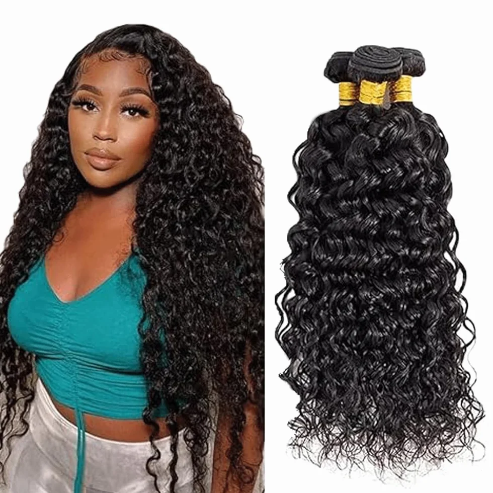 Peluca ondulada de agua para mujer, extensiones de cabello humano brasileño sin procesar 1B natural negro cabello humano con una cobertura mínima para mujeres de 26 a 28 a 30 pulgadas