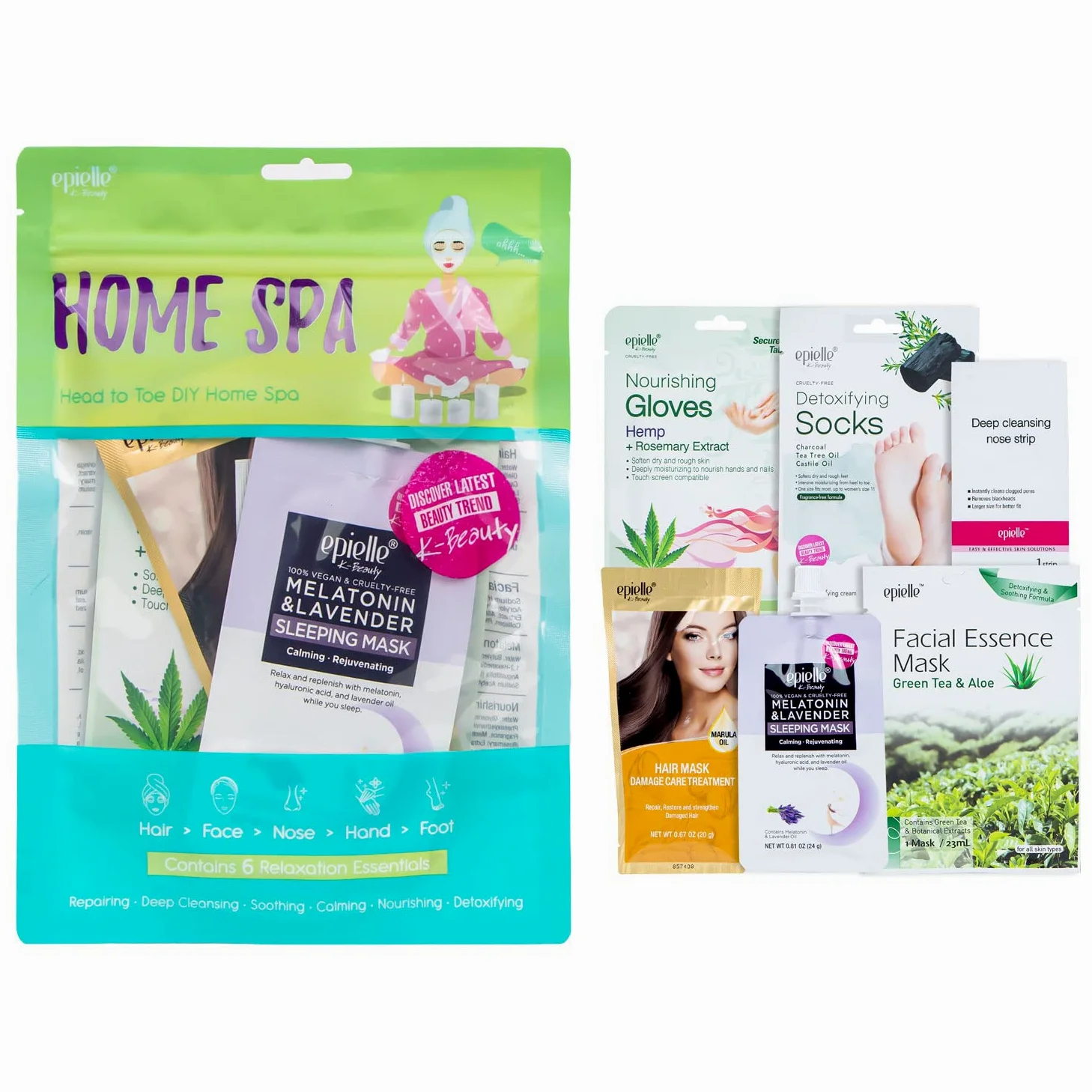 Kit de spa para el hogar | Belleza coreana de cabeza a dedo | Calcetines y guantes, máscara para el cabello, cuidado facial | 6 artículos incluidos