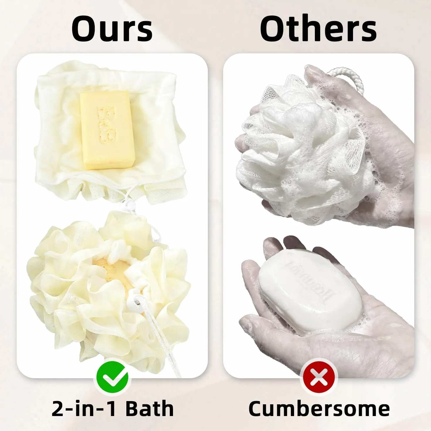 Esponja de baño 2-en-1 con bolsa para jabón, exfoliante corporal, cordón ajustable, lavable a máquina, amarillo