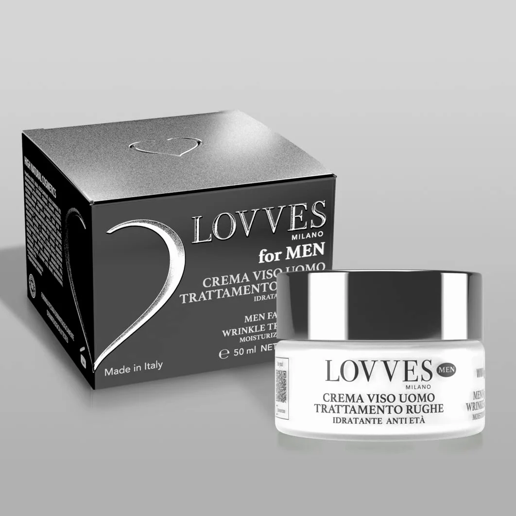 LOVVES Crema Facial Antiarrugas Hombre, Alta Cosmética Natural, Hidratante, Acción Antioxidante, Energiza la Piel y Aumenta su Firmeza, Formato Tarro de Cristal 50 ml