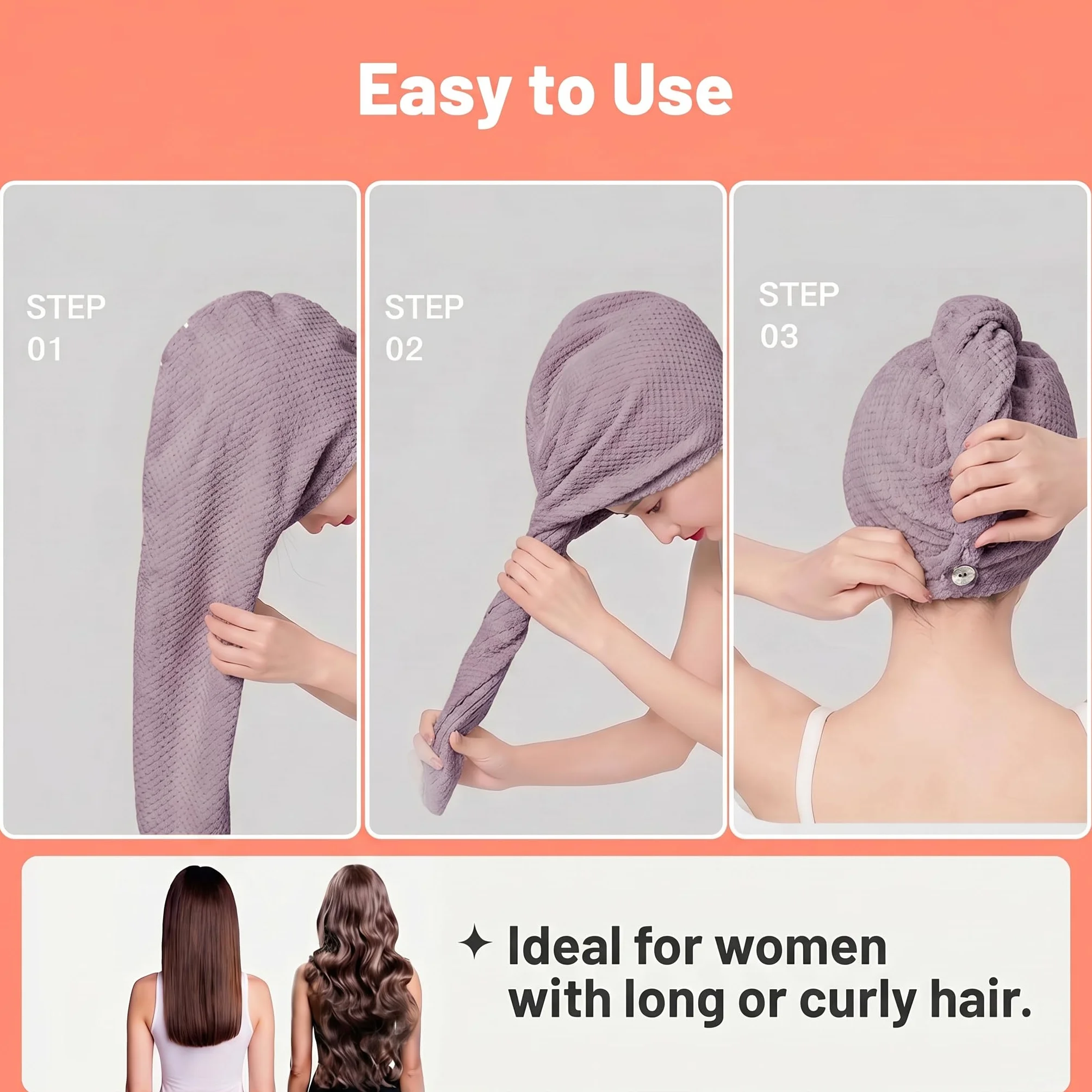 KU Toalla Microfibra Pelo 3 Unidades - Turbante con Botón, Ultra Absorbente Suave, para Pelo Largo Rizado