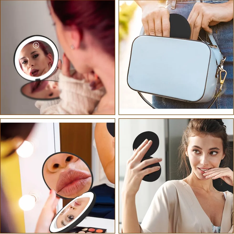 Mini Espejo de Maquillaje LED Plegable Recargable por Type-C Compacto con Aumento 1X/10X