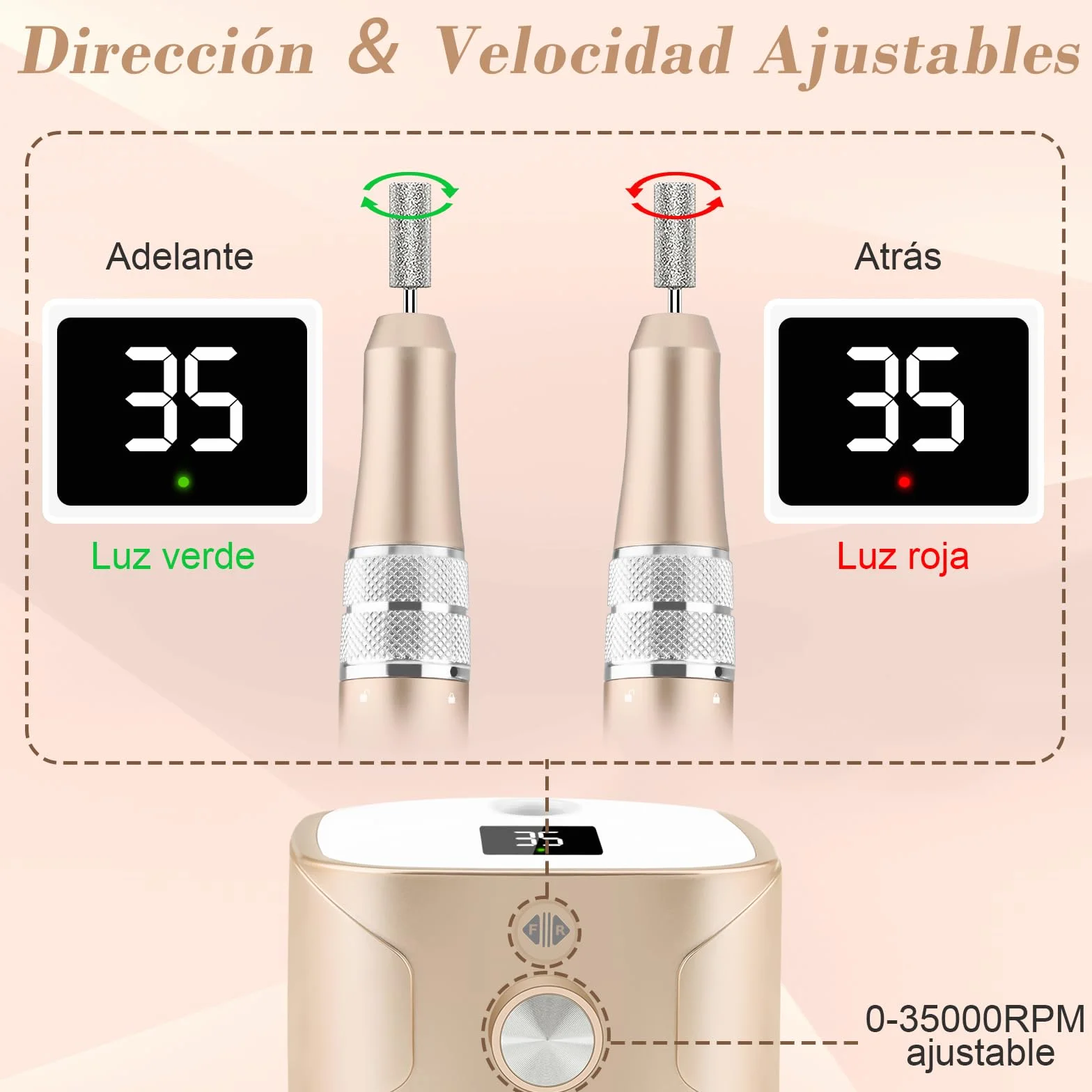 Kredioo Torno para Uñas Profesional 35000 RPM, Pulidor Uñas, Lima Electrica, Nail Drill, Set Manicura y Pedicura Electrico, Kit 11 Fresas Brocas, LED Tátil, Quitar Acrílico Gel/Esmalte/Callos, Oro