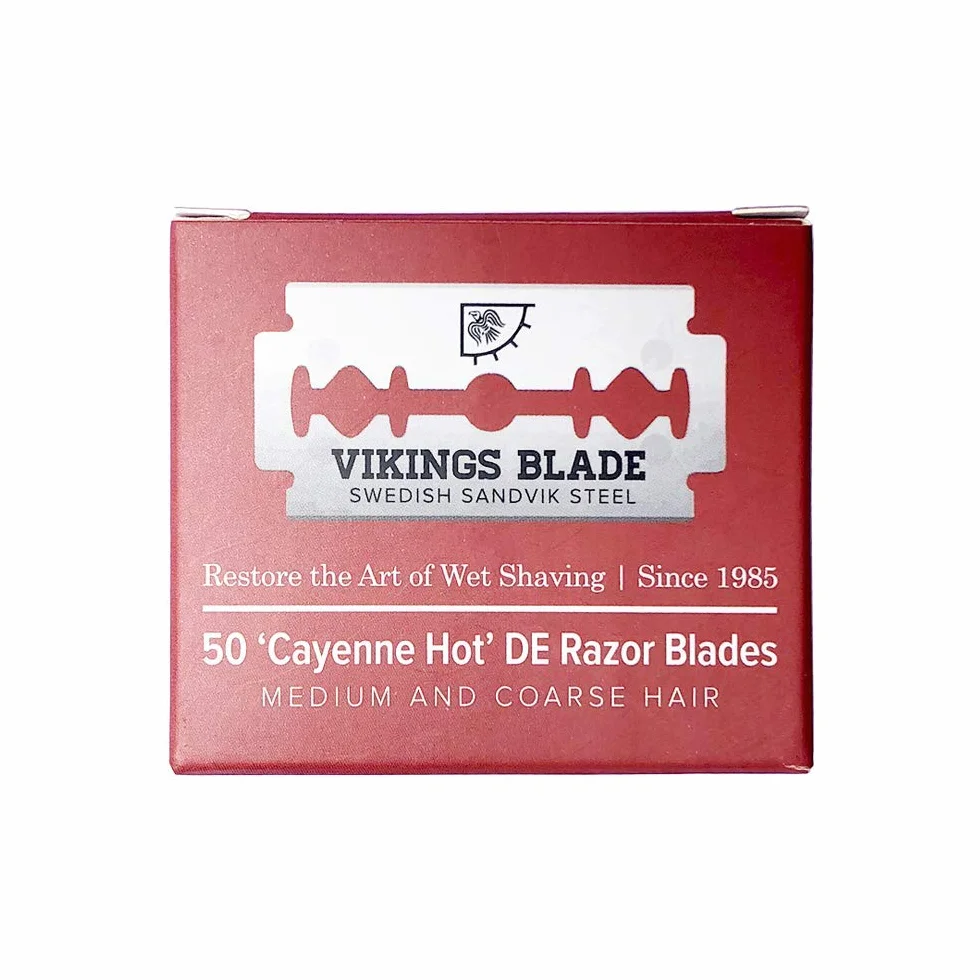 VIKINGS BLADE Cuchillas de afeitar de seguridad de doble filo, 50 cuchillas, acero sueco + revestimiento de platino, cuchillas de afeitar de repuesto y recambios (semiagresivas y seguras)