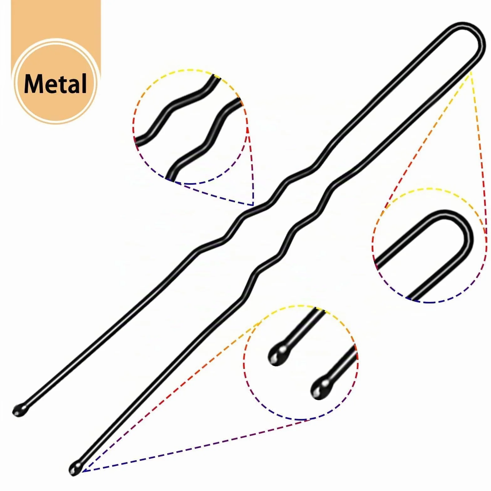Horquillas para el Pelo Metal 7cm 50 Piezas en U Negro Dorado