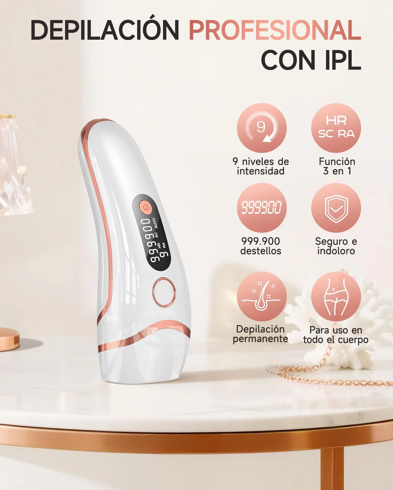 Haarlosy Depiladora Luz Pulsada IPL 9 Niveles Energía 2 Modos 999,999 Flashes IFE05