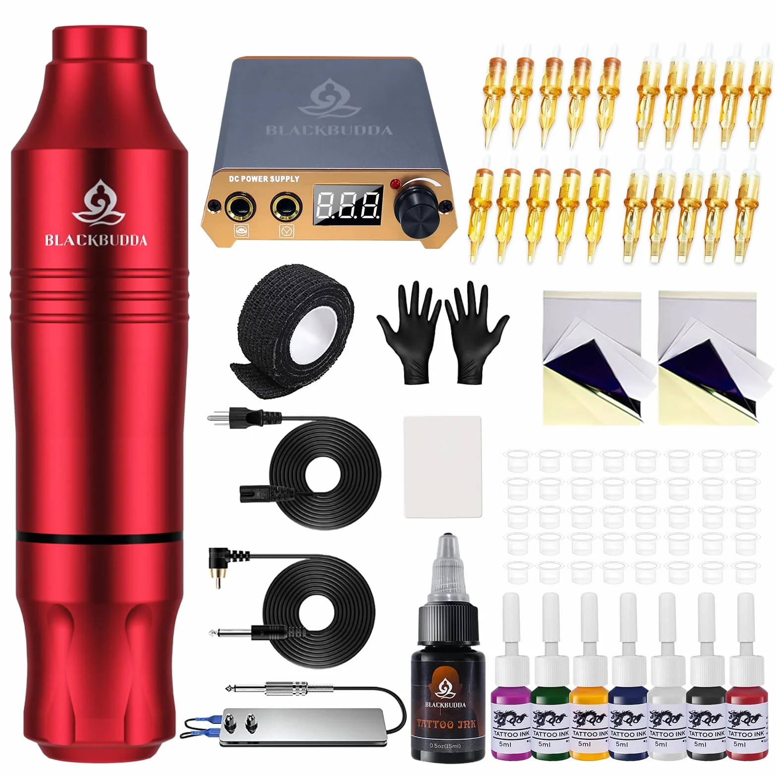 Blackbudda Maquina de Tatuar, Kit de máquina de tatuaje rotativa estilo pluma con suministro de energía, pedal y pigmento, 20pcs agujas de cartucho Kit de práctica de maquillaje (rojo)
