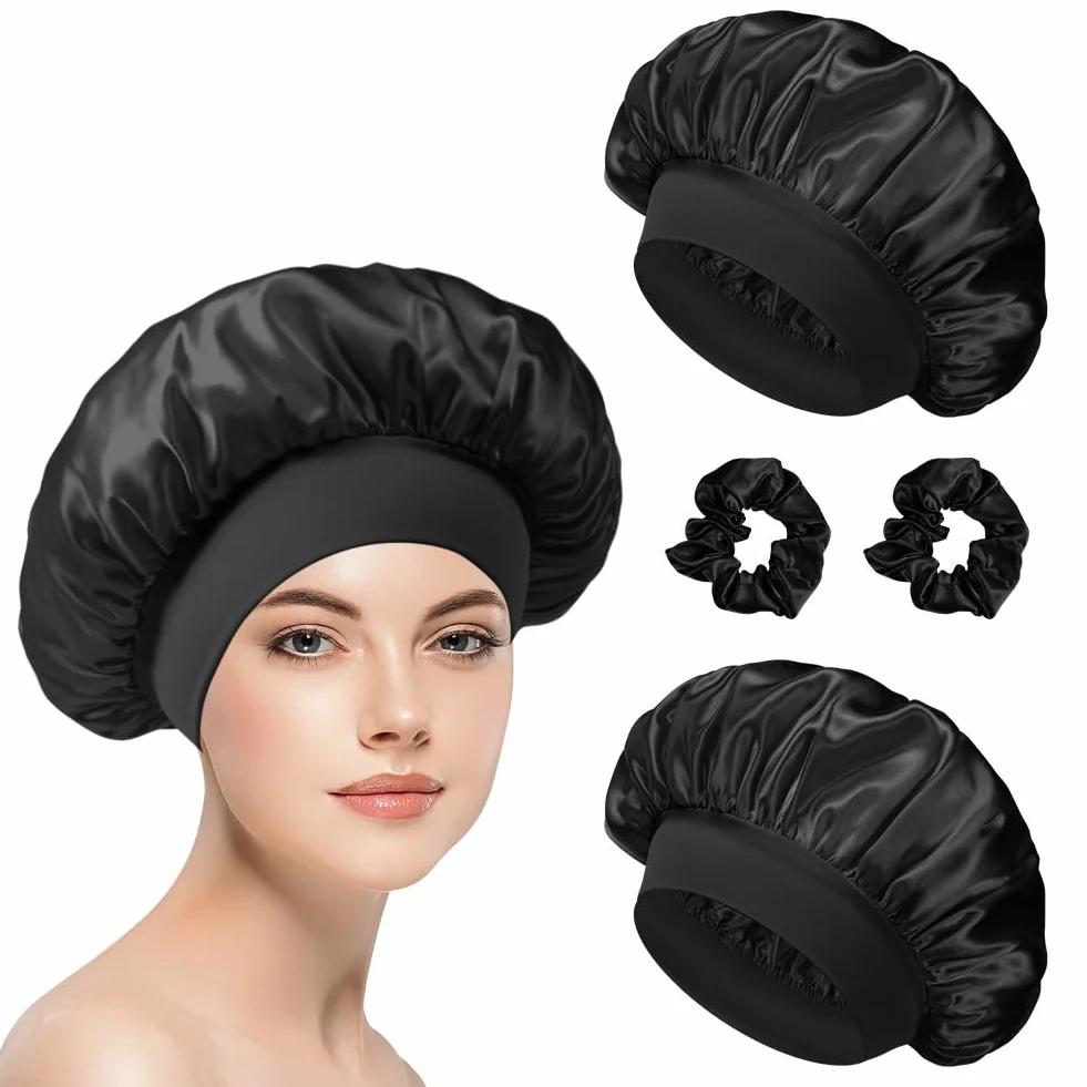 Flintronic 2 Piezas Capó de Satén de Seda, Gorro de Seda para Dormir con Banda Ancha Elástica, Negro