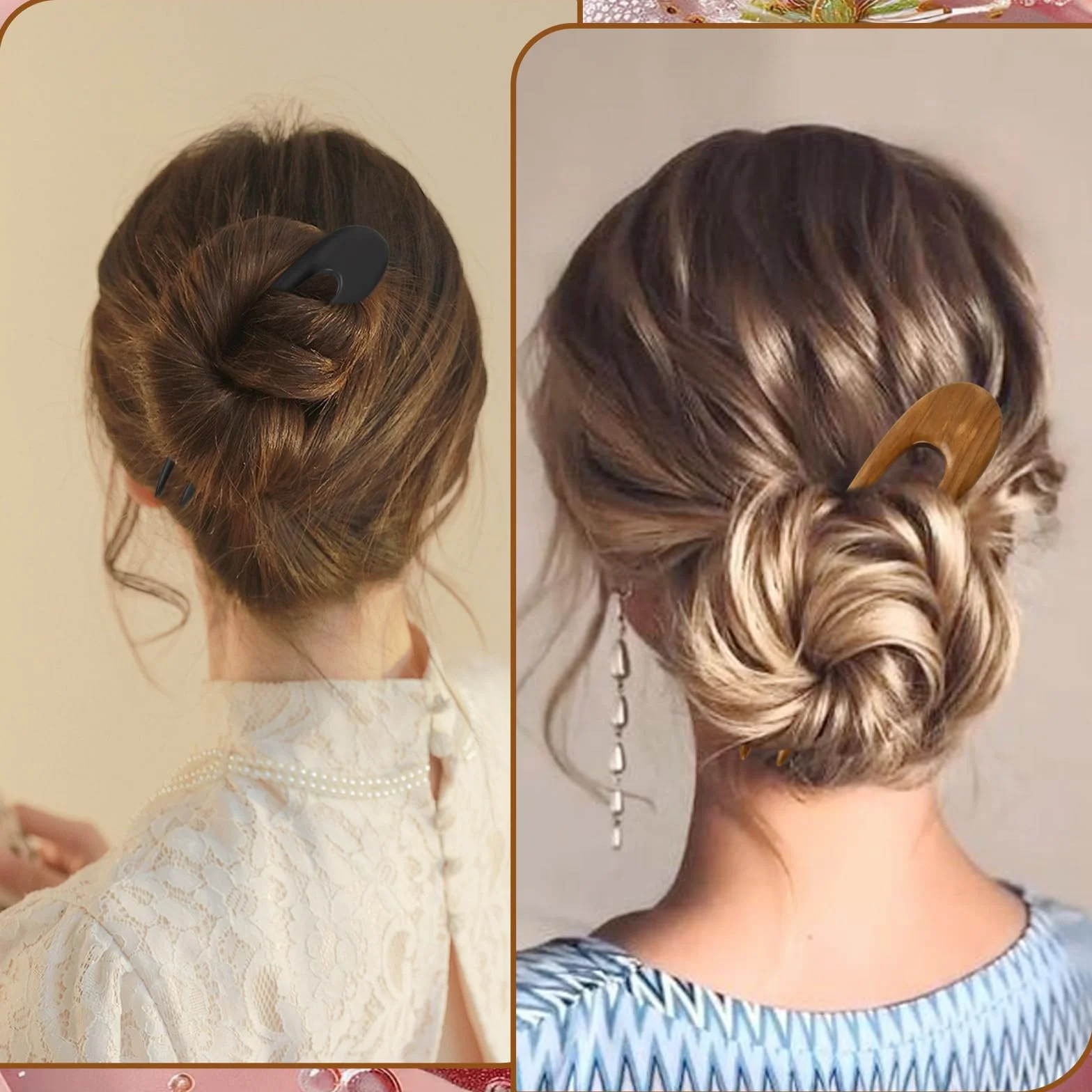 Pinzas para el Cabello en Forma de U 15.5 cm Madera de Sándalo Horquillas Francesas para Mujer