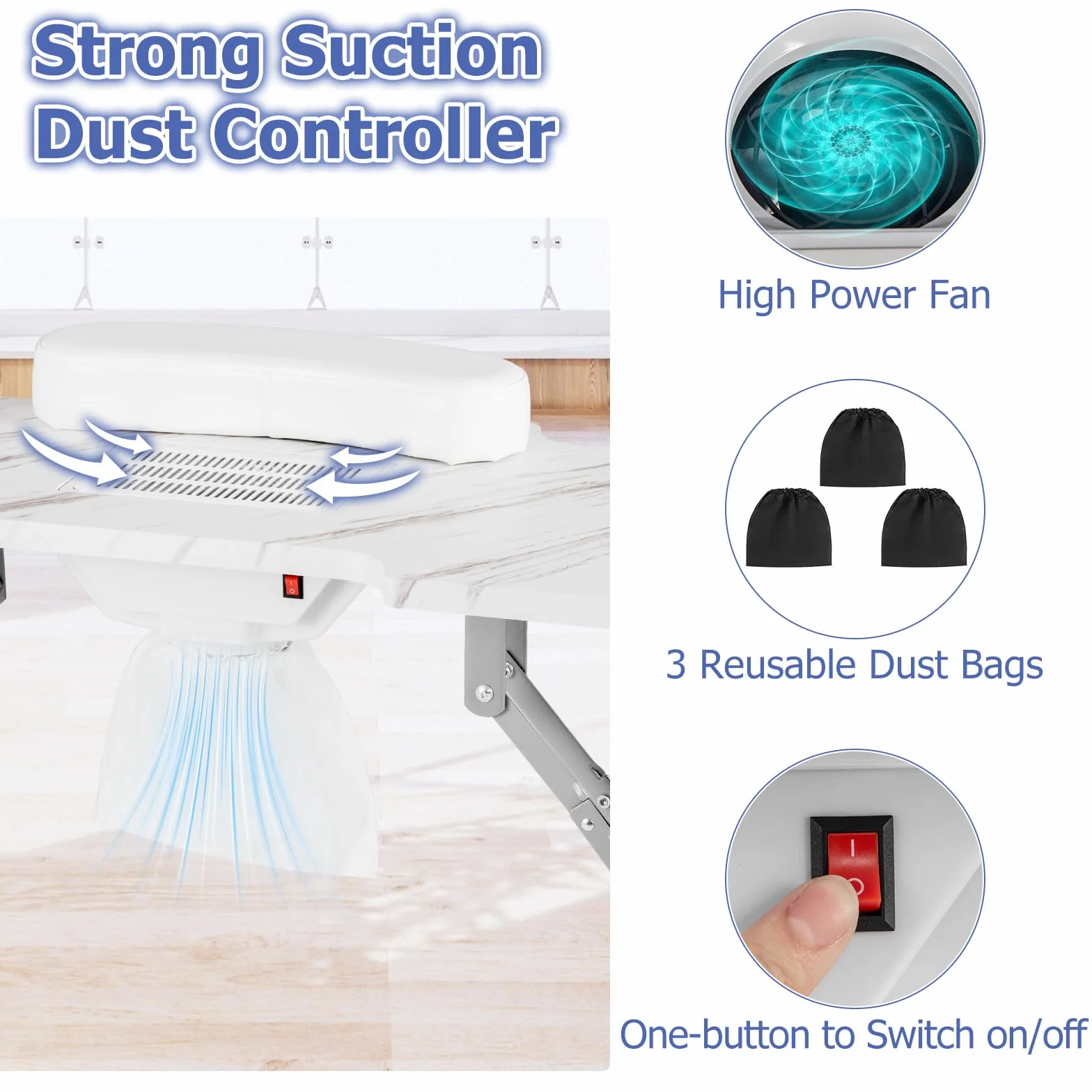 HOMASIS Mesa de manicura con aspiración y bolsa para aspiradora, mesa de manicura con ruedas, mesa de manicura portátil plegable con cojín de mano y bolsa de transporte, mesa de manicura móvil para