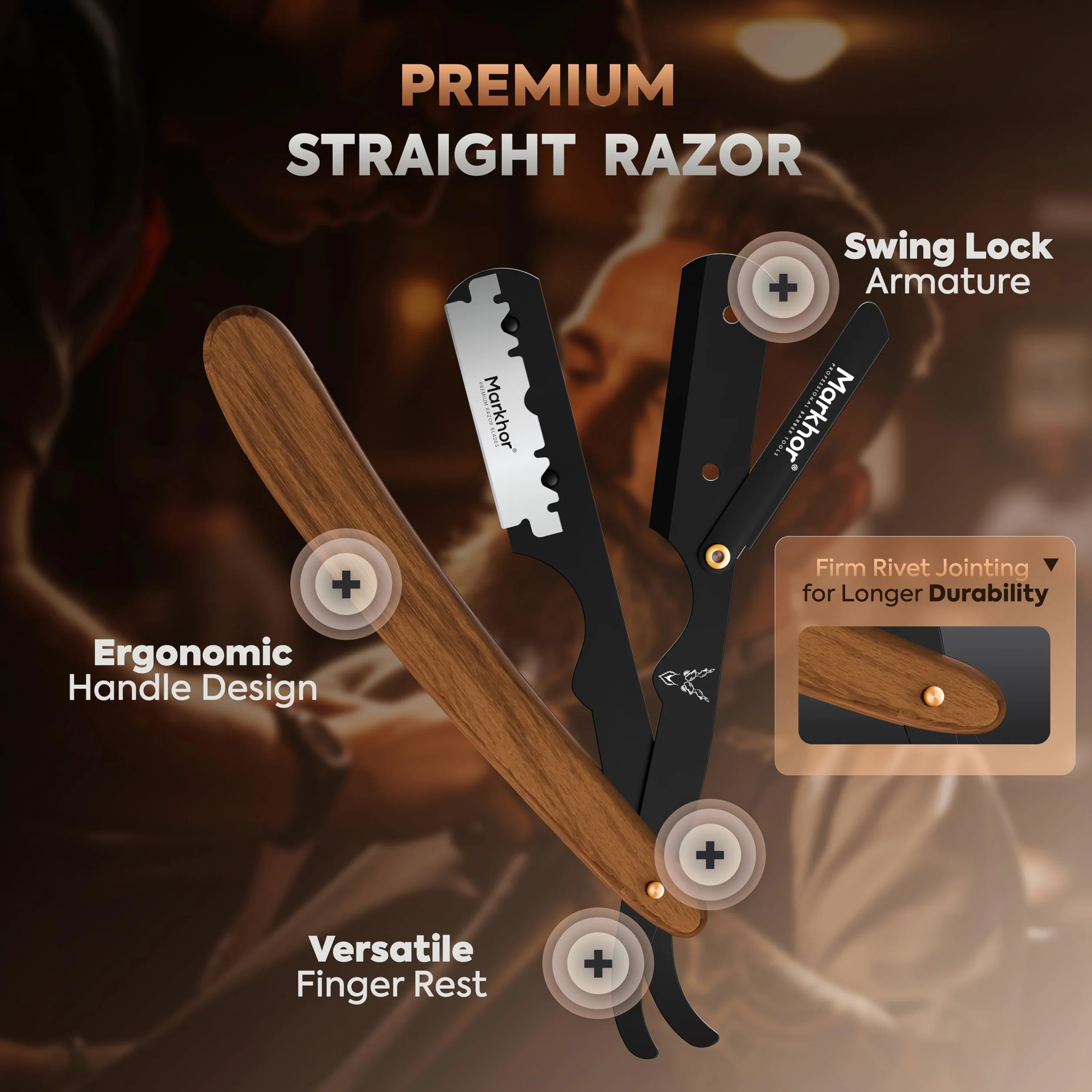 MARKHOR Professional Straight Razor for Men, 100 Blades, Black Matte Wood, Classic Barber Shaving Kit