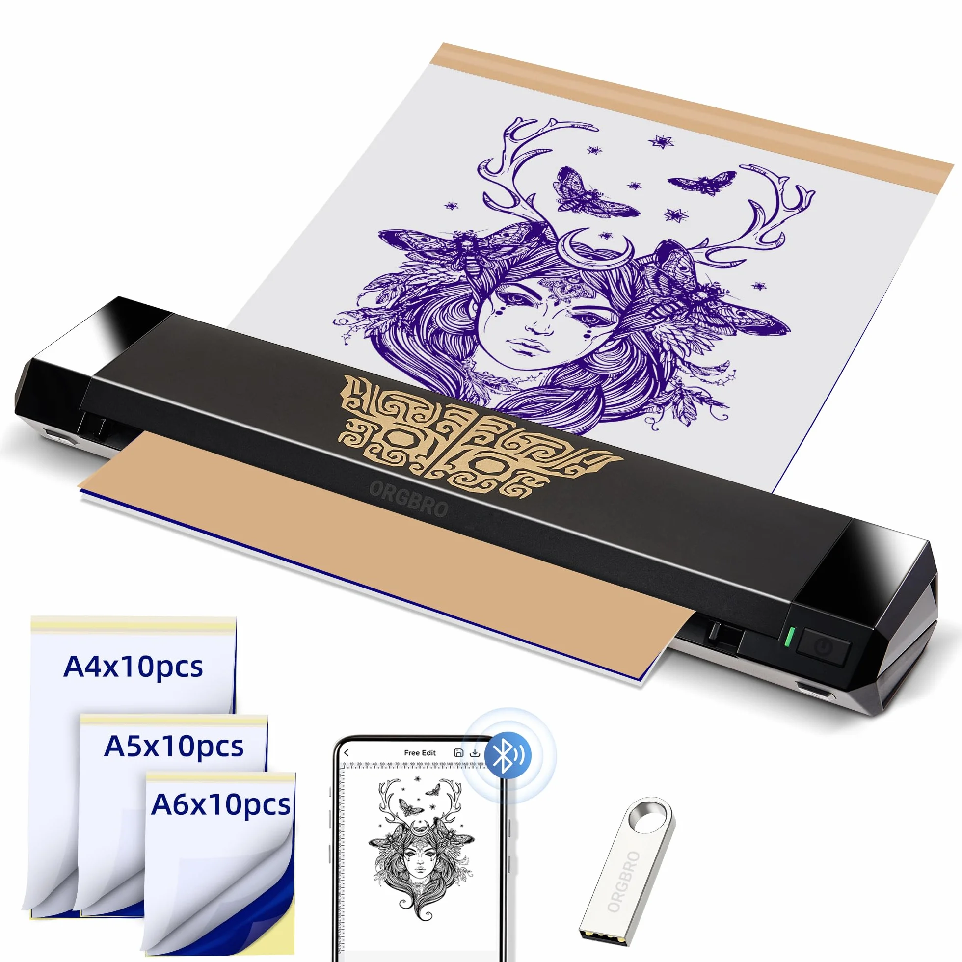 ORGBRO X8 Termocopiadora Tattoo, Impresora Térmica Tattoo Bluetooth con 30 Hojas de Papel de Transferencia, Maquina de Tatuar para Principiantes y Artistas del Tatuaje, Compatible con TeléFonos/Pc