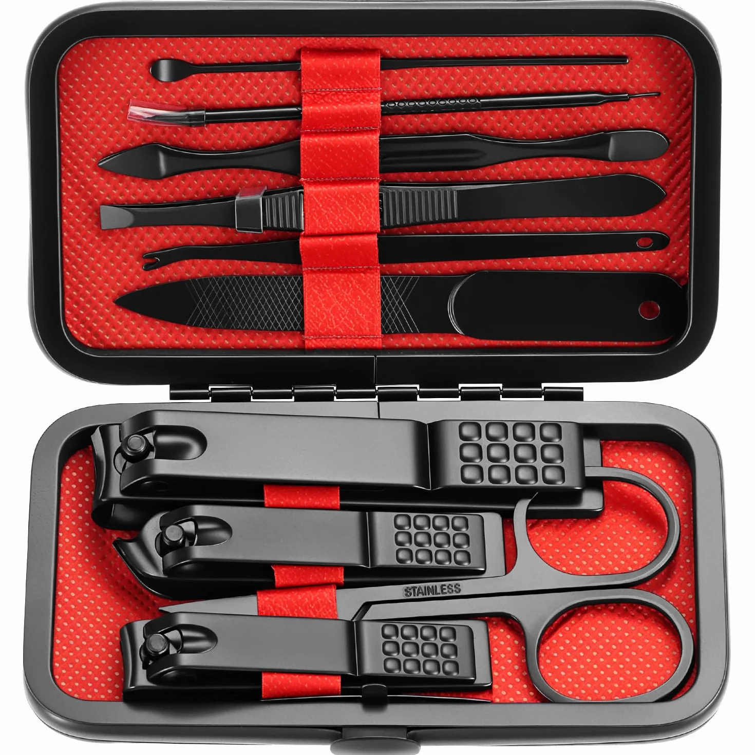 QWORK Juego de Manicura y Pedicura 10 Piezas Cortaúñas Acero Inoxidable Negro Mate Kit Profesional Estuche Cuero Sintético