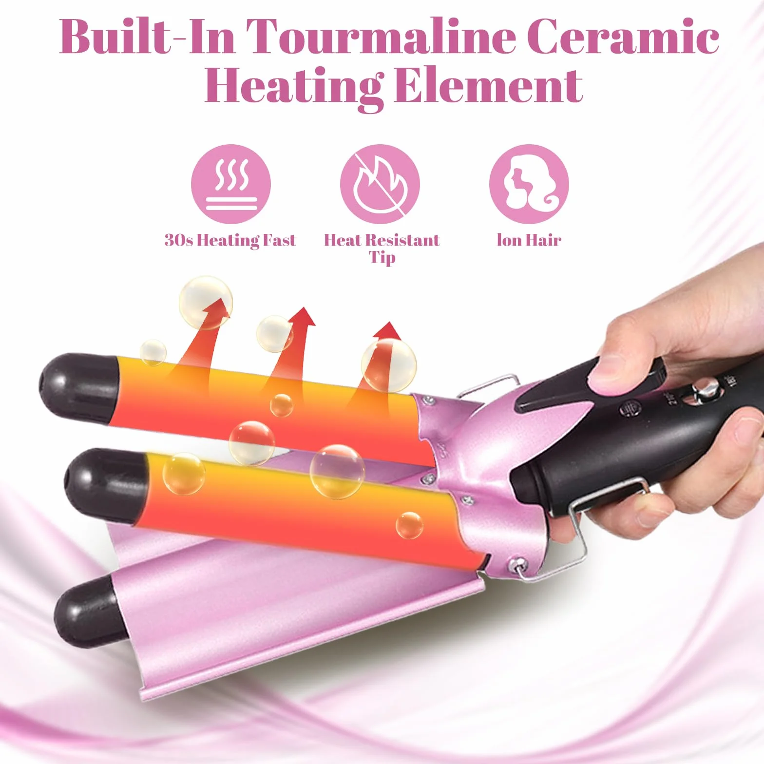 Rizador de Pelo 3 Tubos 22mm Ajustable 180℃/210℃ Turmalina Cerámica con 2 Clips Guante Rosa