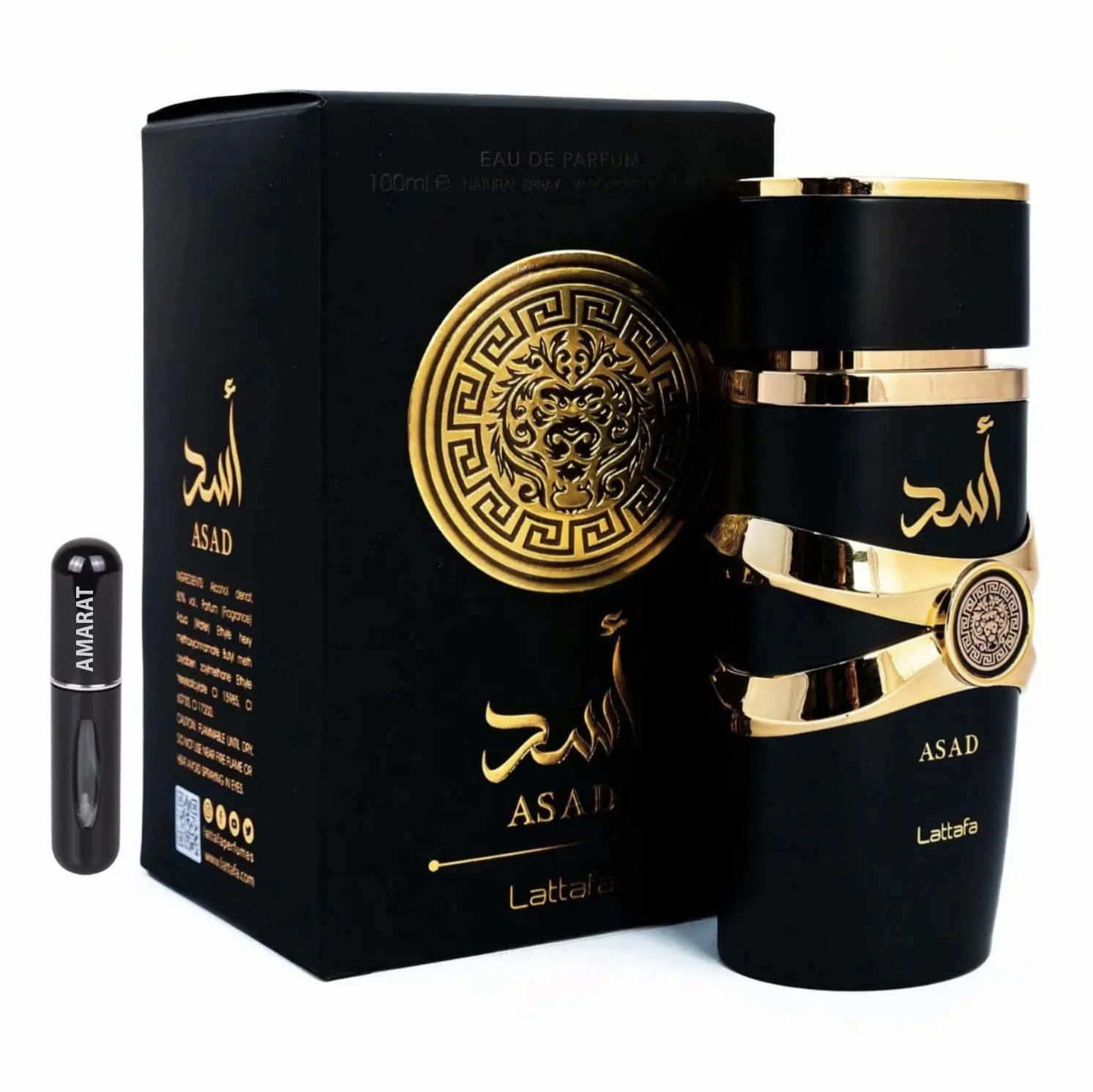 Lattafa Asad Eau de Parfum 100 ml, Perfume Árabe para Hombre de Larga Duración, Incluye Atomizador, Fragancia masculina árabe intensa ambarada especiada con vainilla tabaco y haba tonka (Asad)