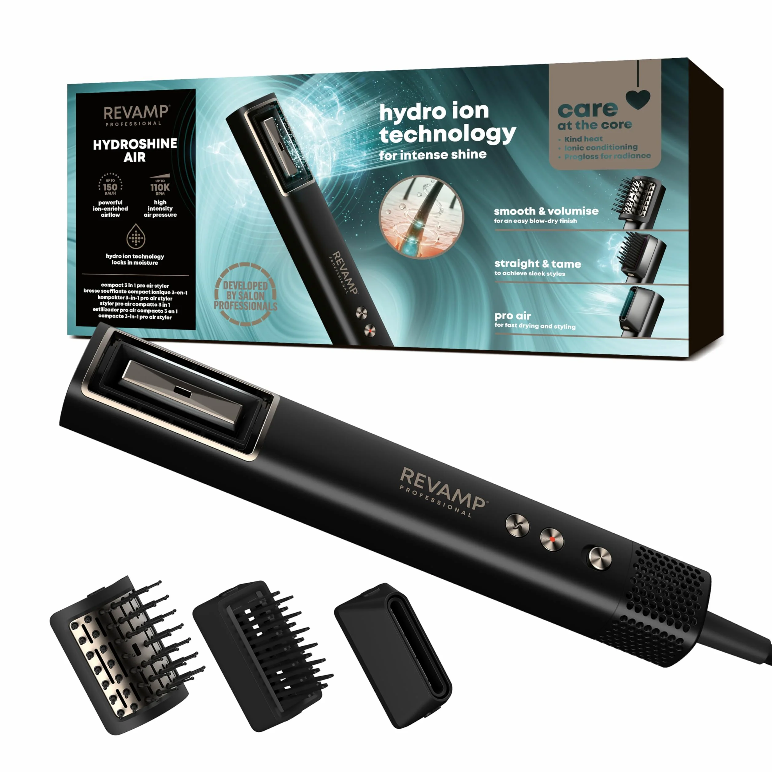 REVAMP HydroShine Air Cepillo Secador 3 en 1 - Hydro Ion | Cepillo Alisador, Profesional, Hidratación y Brillo, Estilizador de Aire, Accesorios, Ultraligero